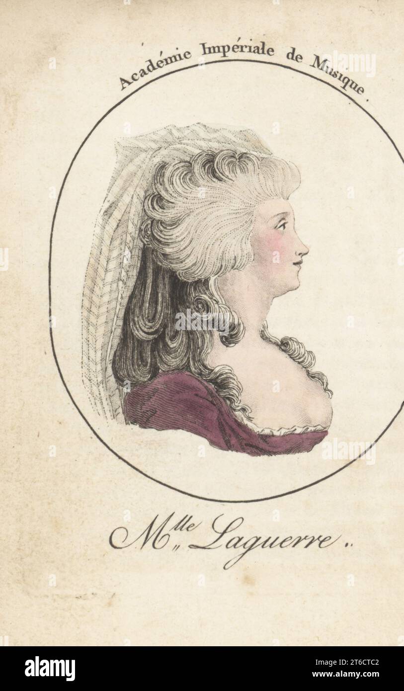 Marie-Josephe Laguerre, French actress and opera singer known for her scandalous affairs and for appearing drunk on champagne on stage, 1754-1783. Collector of porcelain and furniture. Mlle Laguerre. Academie Imperiale de Musique. Handcoloured stipple engraving after Jacques Grasset Saint-Sauveur from Acteurs et Actrices Celebres, Famous Actors and Actresses, Chez Latour Libraire, Paris, 1808. Stock Photo