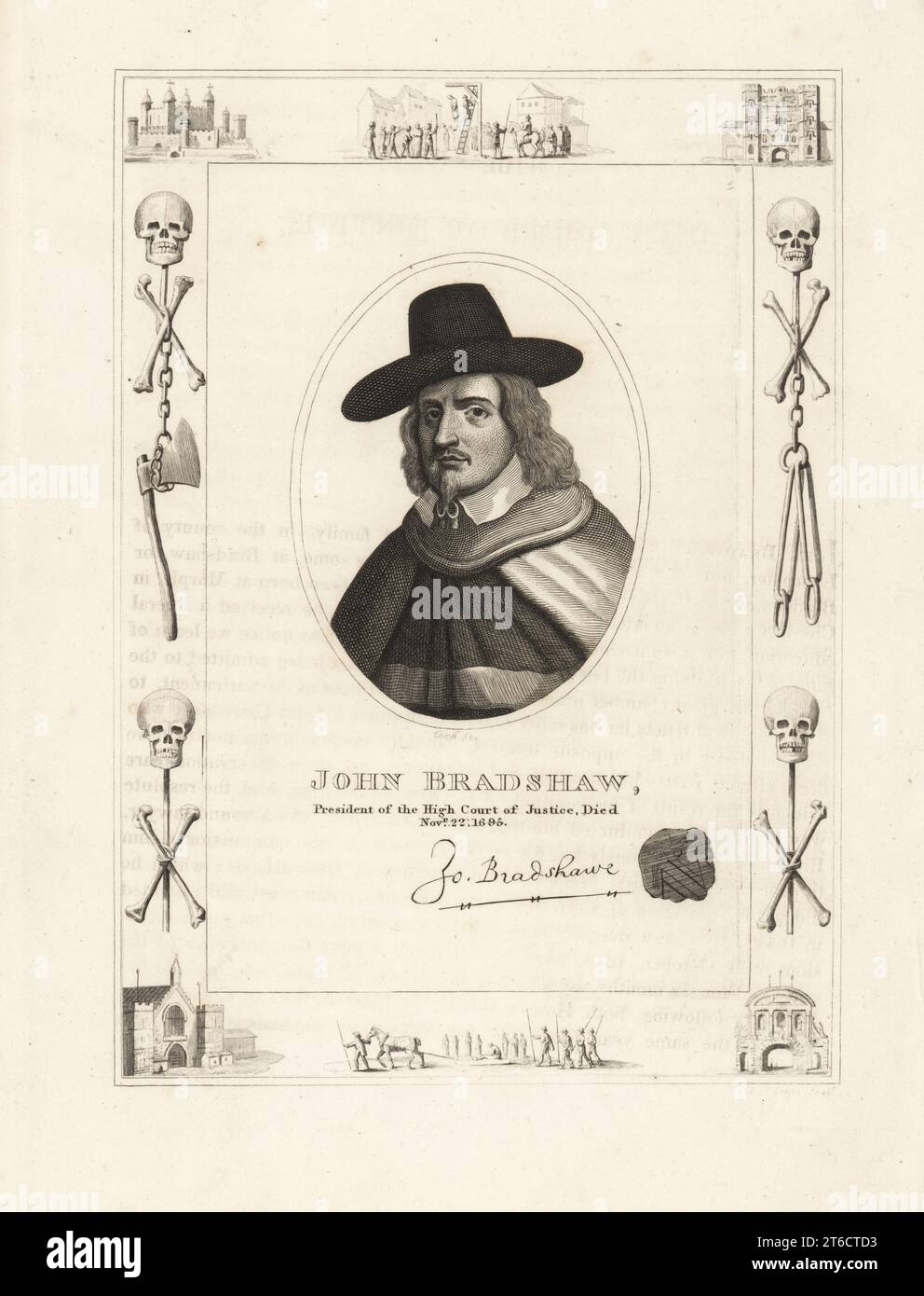 John Bradshaw, President of the High Court of Justice, died 1659. Bradshaw, 16021659, English jurist, regicide of King Charles I of England. With his autograph and seal. Within a frame decorated with vignettes of skull and cross bones, chains and executioners axe, a man hanging from a gibbet at Tyburn, a condemned man on a sled, the Tower of London, Newgate Prison. Copperplate engraving by H. Cook within a frame by Robert Cooper from James Caulfields The High Court of Justice, London, 1820. Stock Photo