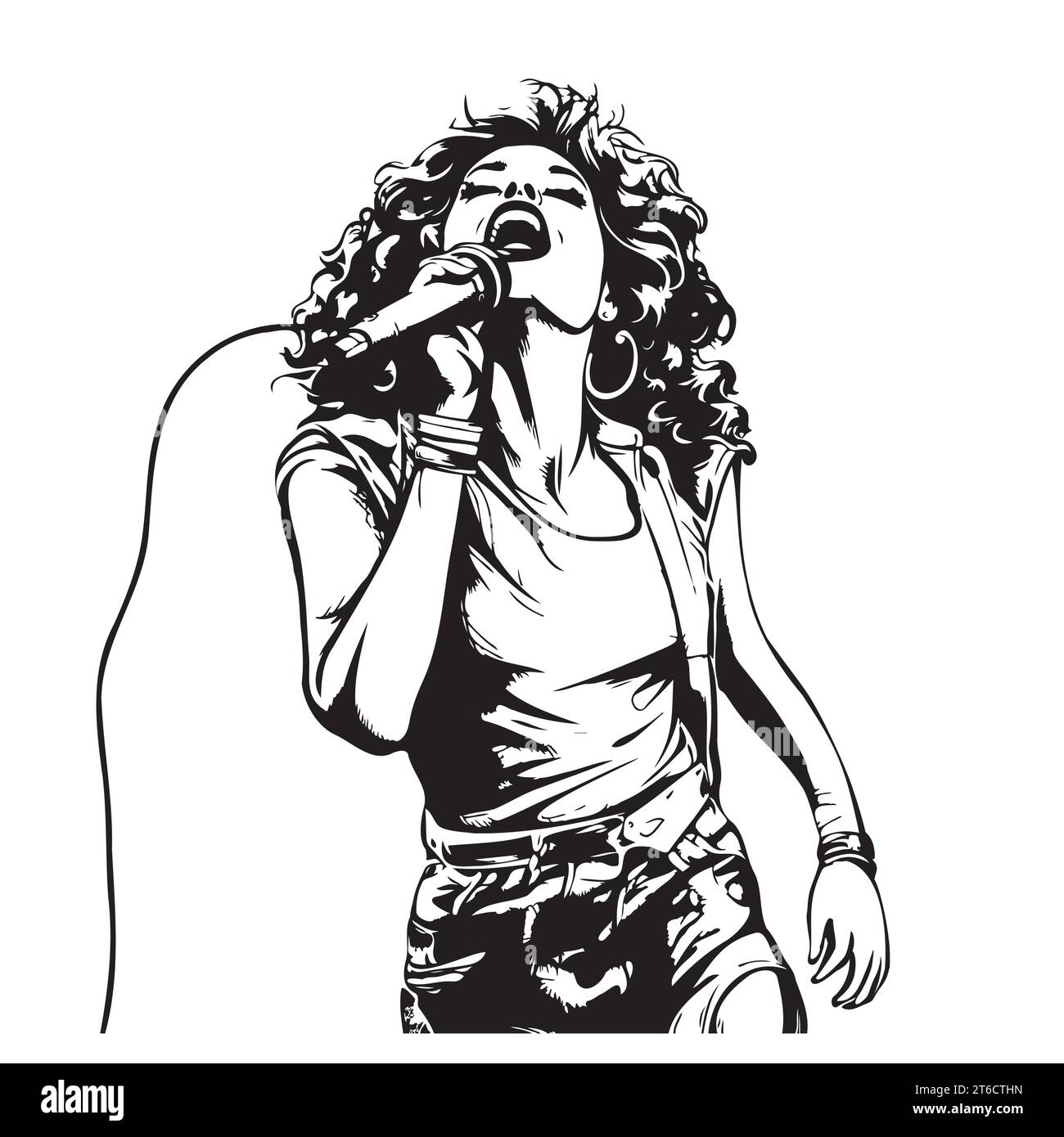 The pretty girl is holding a microphone singing. Hand drawing vector