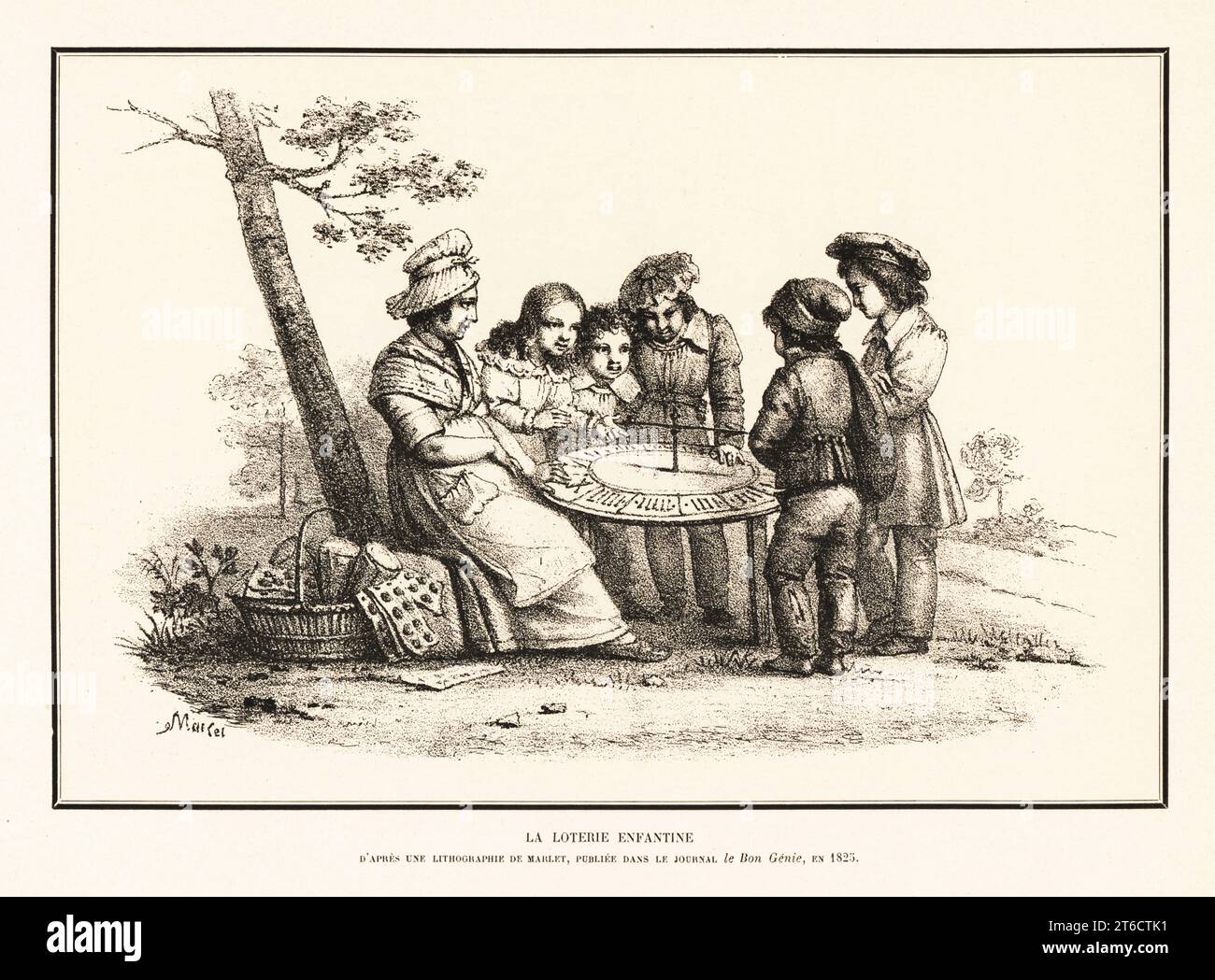 French children playing a wheel of fortune, 1825. A woman vendor holds the table while the children spin the arrow. La Loterie Enfantine, apres une lithographie par Jean-Henri Marlet, Le Bon Genie. Lithograph from Henry Rene dAllemagnes Recreations et Passe-Temps, Games and Pastimes, Hachette, Paris, 1906. Stock Photo