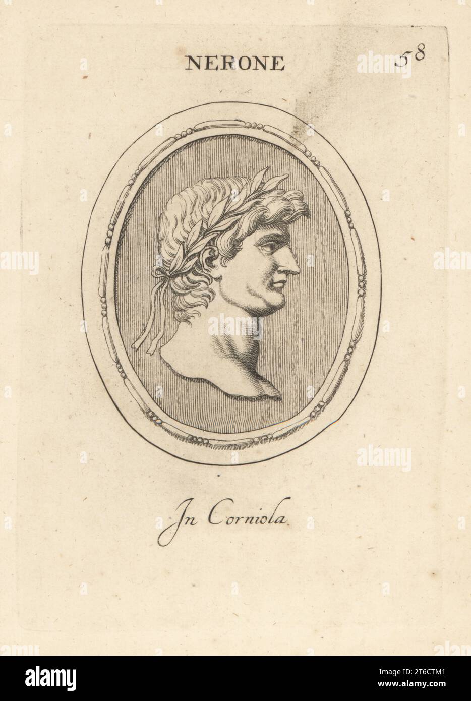 Bust of Nero Claudius Caesar Augustus Germanicus, AD 37 - AD 68. Fifth Roman emperor and final emperor of the Julio-Claudian dynasty, reigning from AD 54 until his death in AD 68. In carnelian. Nerone. In corniola. Copperplate engraving by Giovanni Battista Galestruzzi after Leonardo Agostini from Gemmae et Sculpturae Antiquae Depicti ab Leonardo Augustino Senesi, Abraham Blooteling, Amsterdam, 1685. Stock Photo