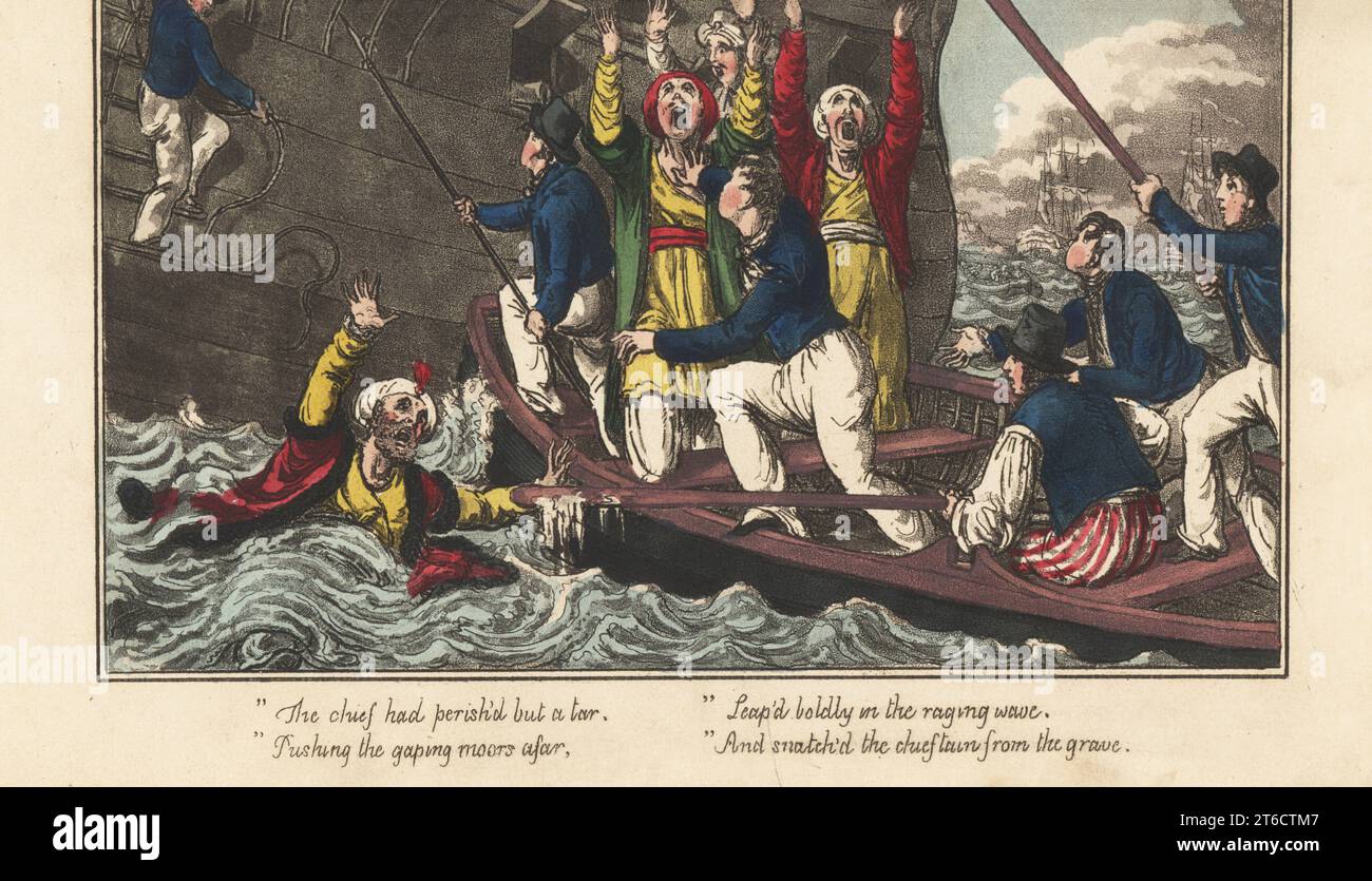 An English sailor extends an oar to save a drowning Arab chief, Regency era. While other Moors pray to Allah to save him. Royal Navy matelots use oars and pikes to bring a rowboat near a man-of-war. Handcoloured copperplate engraving by Charles Williams from The Post Captain, or Adventures of a True British Tar by a Naval Officer, J. Johnston, London, 1817. Attributed to Alfred Thornton or John Mitford. Stock Photo