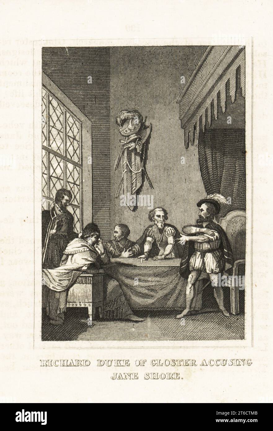 Richard III accusing Elizabeth Jane Shore of conspiracy. Richard Duke of Gloster accusing Jane Shore, 1445-1527. Copperplate engraving from M. A. Jones History of England from Julius Caesar to George IV, G. Virtue, 26 Ivy Lane, London, 1836. Stock Photo