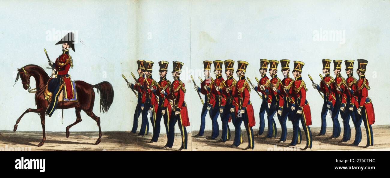 Sir Charles Lamb, Knight Marshal on horseback, followed by Marshalmen in scarlet coat, blue trousers and shako, in ranks of four in Queen Victorias coronation parade.. Handcoloured aquatint engraving from Fores' Correct Representation of the State Procession on the Occasion of the August Ceremony of Her Majesty's Coronation, June 28th 1838, published by Fores, Sporting and Fine Print Repository, Piccadilly, London, 1838. Stock Photo