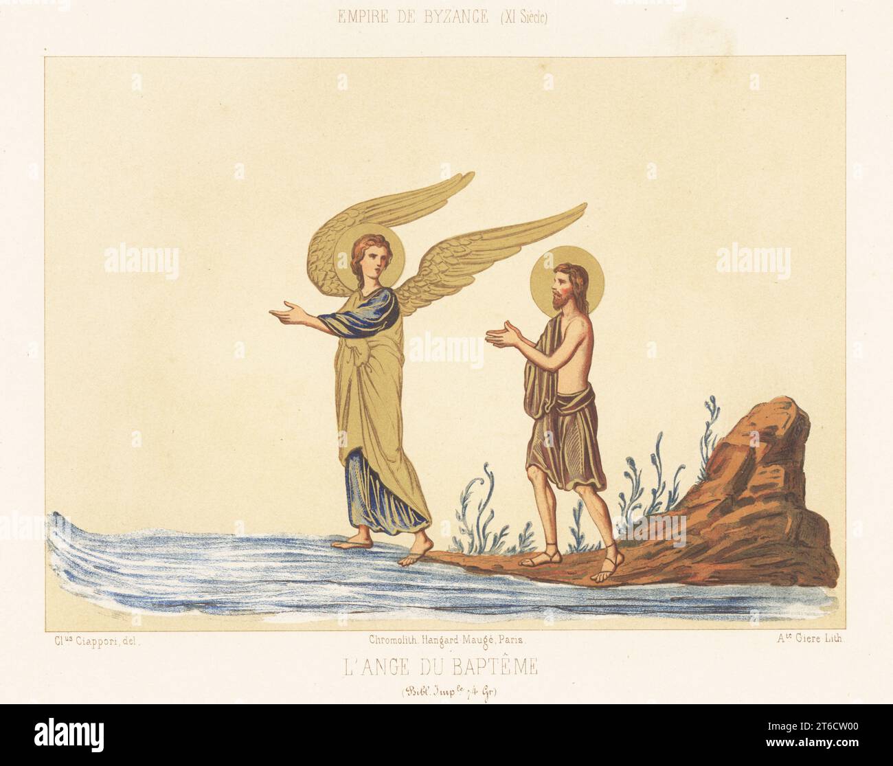 Jesus Christ baptized by an angel in Byzantine costumes, 11th century. From a manuscript Gospels, MS 74 G, Bibliotheque Imperiale. L'ange du bapteme, Empire de Byzance, XIe siecle. Chromolithograph by Giare after an illustration by Claudius Joseph Ciappori from Charles Louandres Les Arts Somptuaires, The Sumptuary Arts, Hangard-Mauge, Paris, 1858. Stock Photo