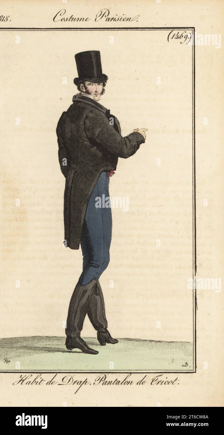 French gentleman in top hat, wool tailcoat, knitted trousers and leather boots. Habit de Drap, Pantalon de Tricot. Handcoloured copperplate engraving by Pierre-Charles Baquoy after a fashion plate by Horace Vernet from Pierre de la Mesangeres Journal des Dames et des Modes, Magazine of Women and Fashion, Paris, 1815. Stock Photo
