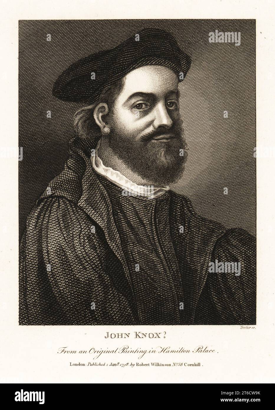 John Knox the younger(?), moderator of the Synod of Mersa in Germany, preacher at Rotterdam, author of the History of the Reformation of Religion within the Realme of Scotland, 1581. From an original painting in Hamilton Palace. Copperplate engraving by Thomas Trotter from John Smiths Iconographia Scotica, or portraits of illustrious persons of Scotland, Robert Wilkinson, 58 Cornhill, London, 1798. Stock Photo