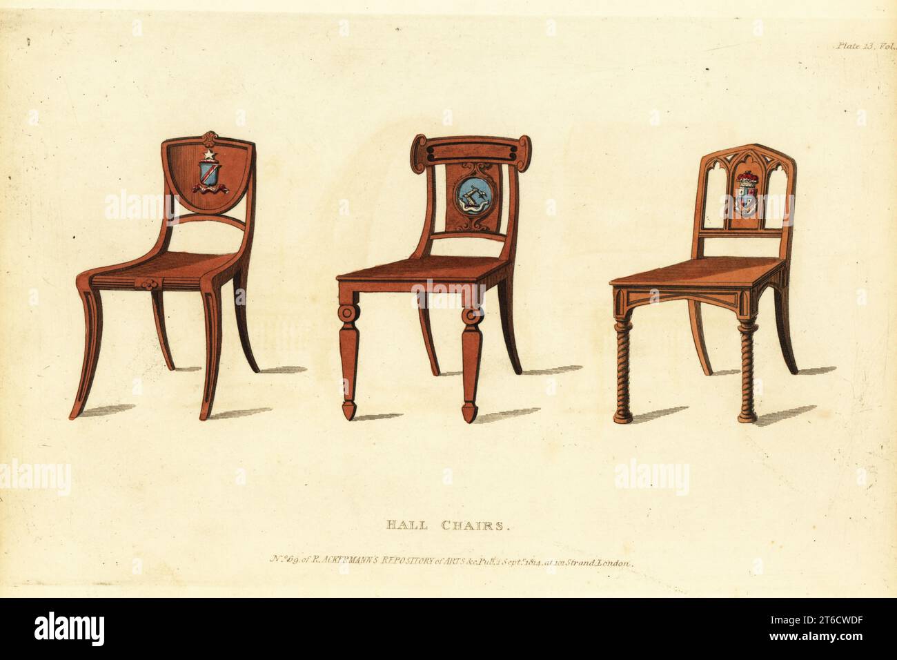 Hall chairs with coats of arms, 1814. Solid mahogany with carved ornaments 1, mahogany with ebony inlay 2, and Gothic style chair in oak 3. Handcoloured copperplate engraving from The Upholsterer's and Cabinet-Maker's Repository consisting of seventy-six designs of modern and fashionable furniture, Rudolph Ackermann, London, 1830. Stock Photo
