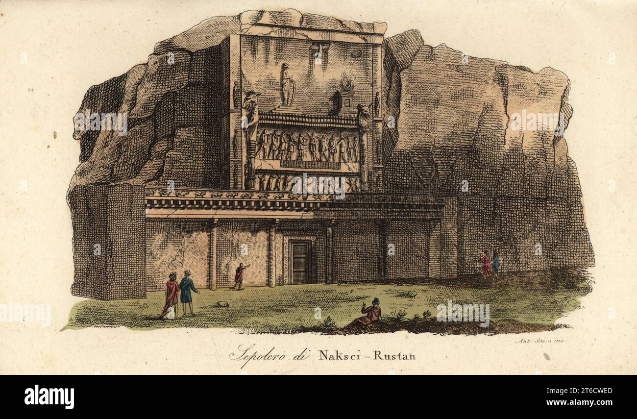 View of the ancient necropolis of Naqsh-e Rostam, Persepolis, Iran. Tombs of Achaemenid kings carved into the rock. Sepolcro di Naksci-Rustan. Handcoloured copperplate engraving by Giovanni Antonio Sasso from Giulio Ferrarios Costumes Ancient and Modern of the Peoples of the World, Il Costume Antico e Moderno, Florence, 1847. Stock Photo