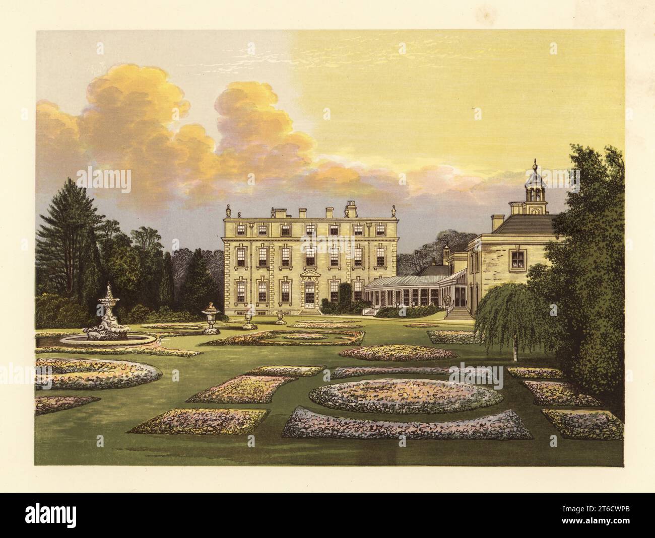 Ditchley House and gardens, Oxfordshire, England. Fine oak and stone house designed by architect James Gibb in 1722 for George Henry Lee I, 2nd Earl of Lichfield. Home of Arthur Edmund Denis Dillon, 16th Viscount Dillon. Colour woodblock by Benjamin Fawcett in the Baxter process of an illustration by Alexander Francis Lydon from Reverend Francis Orpen Morriss A Series of Picturesque Views of the Seats of Noblemen and Gentlemen of Great Britain and Ireland, William Mackenzie, London, 1880. Stock Photo