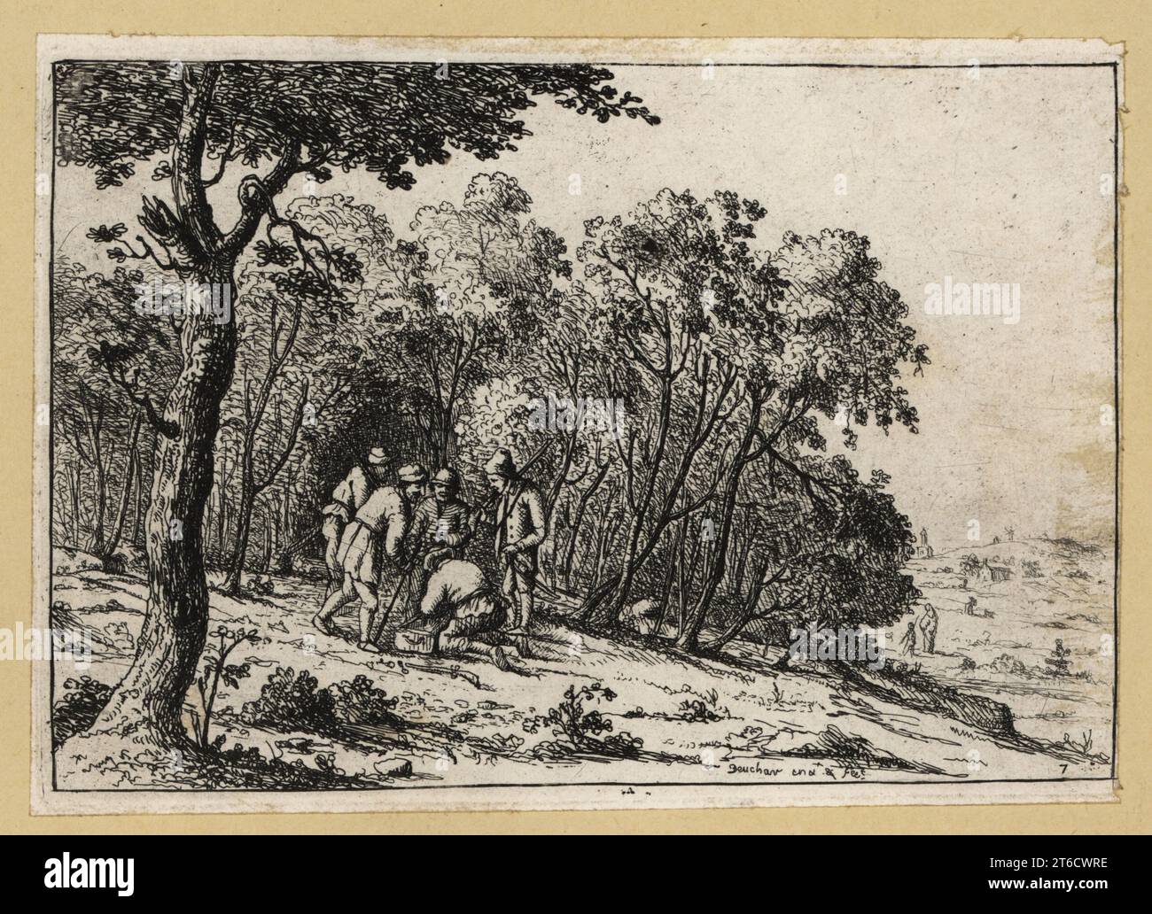 17th century highwaymen sharing loot in a clearing. They are armed with swords and muskets. Bandits in the woods. Copperplate engraving by David Deuchar from A Collection of Etchings after the most Eminent Masters of the Dutch and Flemish Schools, Edinburgh, 1803. Stock Photo