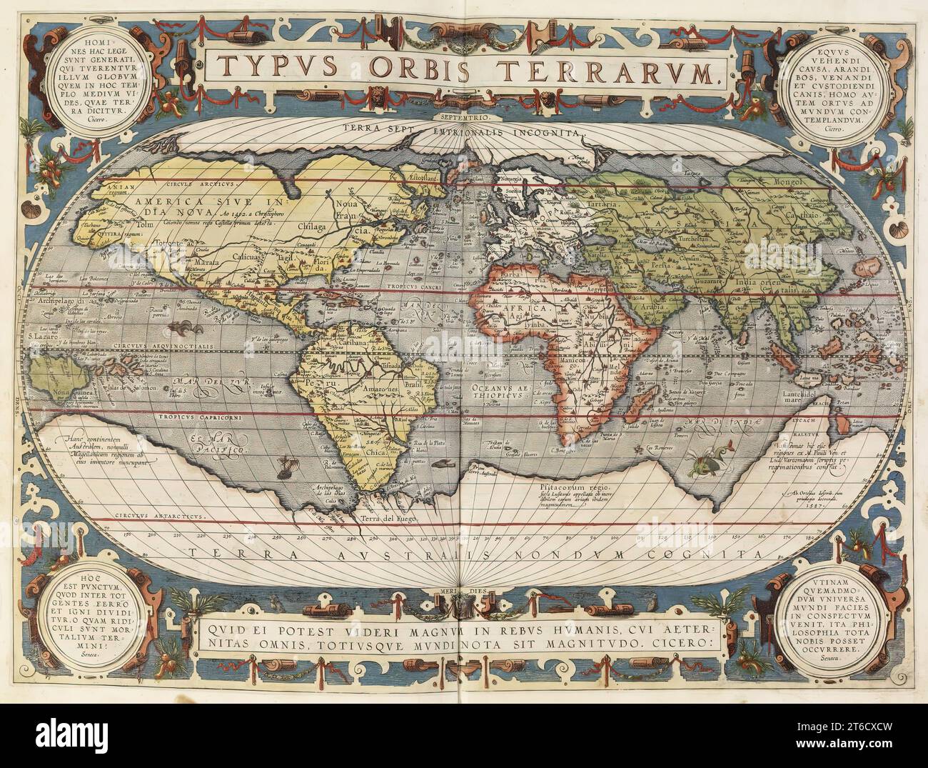 Theatrum Orbis Terrarium, 1592. Called the first modern atlas, adapted from Mercator's world map; large coloured atlas with Ptolemy's Geographia, 1592; continents, including America (Novis Orbis), Arctic, Antarctic and Asia. Stock Photo