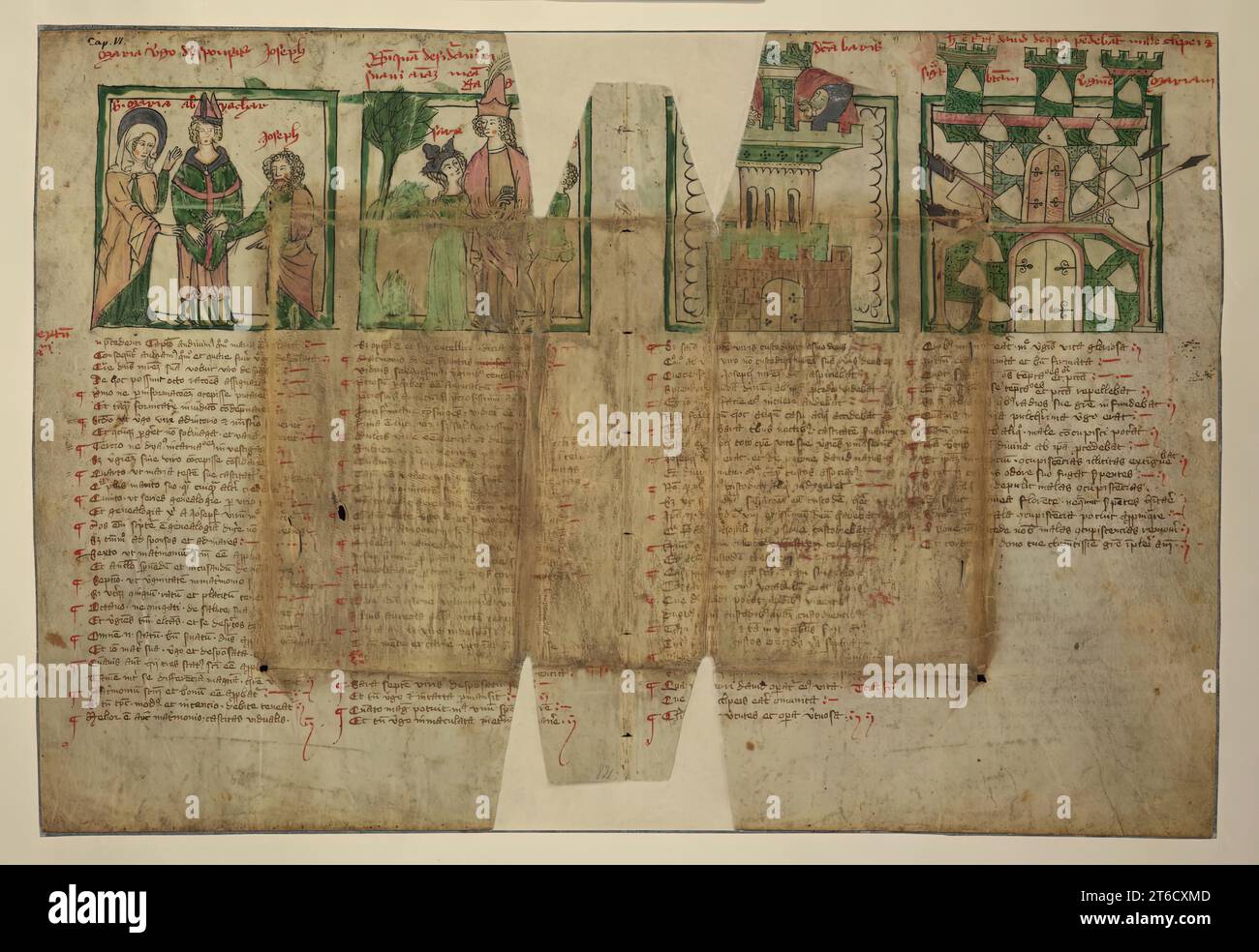 Two Leaves from the Mirror of Human Salvation, late 14th century. Fragment of a manuscript that was made in Germany, part of a brightly illuminated copy of a popular anonymous treatise called the Speculum humanae salvationis, or Mirror of human salvation, in which events of the Old Testament were compared to those of the New. In this example, as was often the case, each column is headed by a miniature. These pages were reused as a wrapper for a book at some later time. The ghosting of the book it adorned can still be seen in the dark, abraded portion that spans the two pages. By the nineteenth Stock Photo