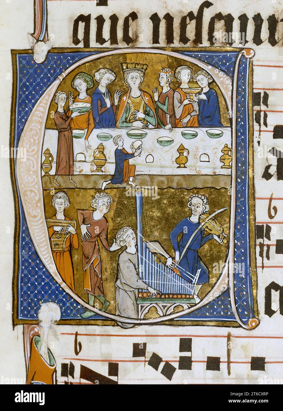 Feasting and musicians, 1290. Page from the Beaupr&#xe9; Antiphonary, vol. 2. Stock Photo