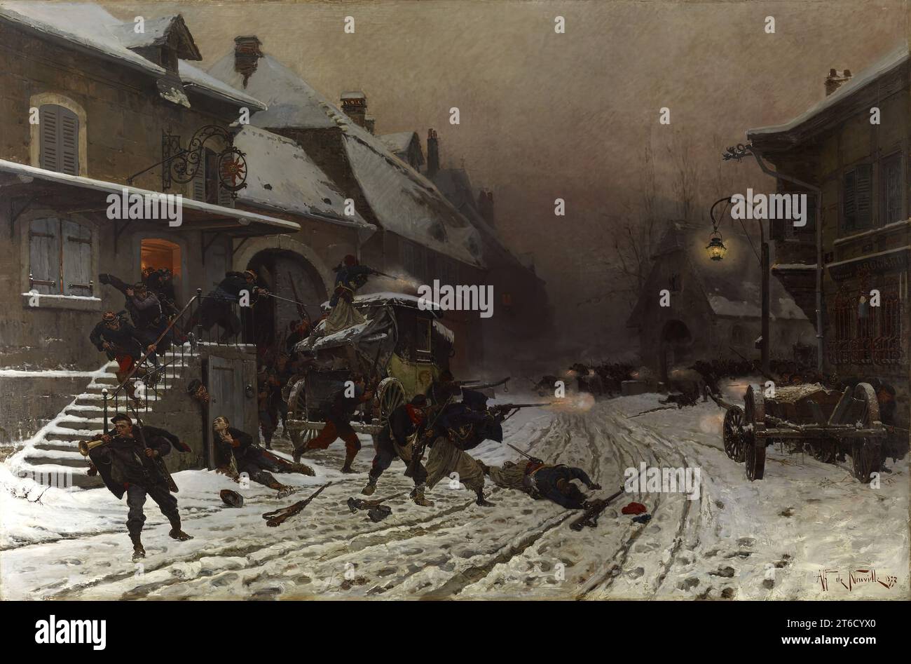 The Attack at Dawn, 1877. The scene is a French town in the Jura region ...