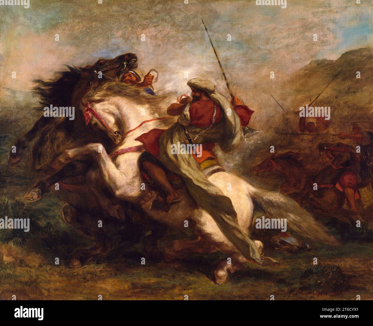 Collision of the Moorish Horsemen, 1843-1844. Delacroix uses fluid brush work to capture the colour and movement of an Arab Fantasia, or ceremonial cavalry charge, mimicking battle, which he witnessed at the court of Sultan Abd-er-Rahmen of Morocco (1778-1859) while accompanying Count Charles de Mornay on a diplomatic expedition on behalf of King Louis Philippe of France in 1832. He focuses on two riders who have broken from the ranks, their horses startled by the simultaneous firing of guns that ends the maneuver. Stock Photo