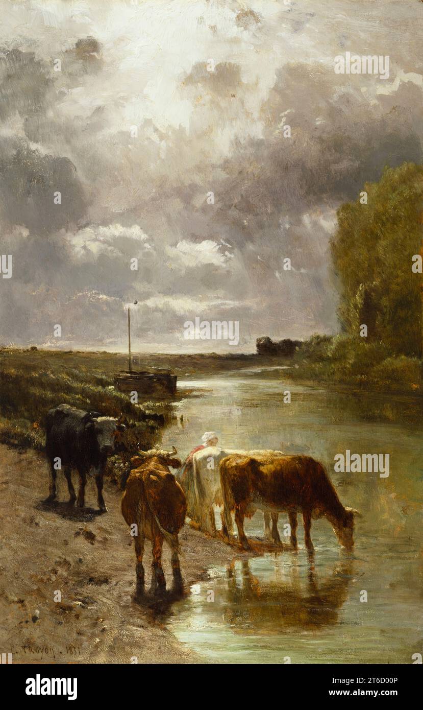 Cattle Drinking, 1851. Troyon is best known for his animal paintings but, in fact, specialized in landscape painting in his early career. This picturesque view shows a scene on the banks of the Touques River in Normandy where he painted regularly in the 1850s together with Eug&#xe8;ne Boudin and Emile van Marcke. The sun is directly overhead, fringing the clouds, shimmering on the water, and illuminating the backs of the cows. Troyon's mastery of light was admired by the young Claude Monet. So highly regarded was this river scene that it was included in an exhibition held in 1883 in the galler Stock Photo