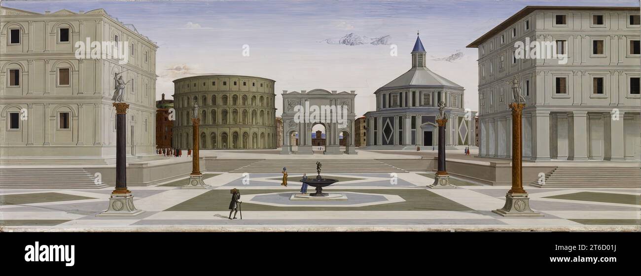 The Ideal City, c1480-1484. The imaginary city square features a Roman arch typically erected as a commemoration of military victory at its centre. As a whole, the painting offers a model of the architecture and sculpture that would ideally be commissioned by a virtuous ruler who cares for the welfare of the citizenry. The amphitheater is modeled on the Colosseum in Rome. The octagonal structure to the right, covered with coloured stone, suggests the medieval Baptistery in Florence, which in the 15th century was thought to be a reused Roman temple. Together they reflect the importance of secur Stock Photo