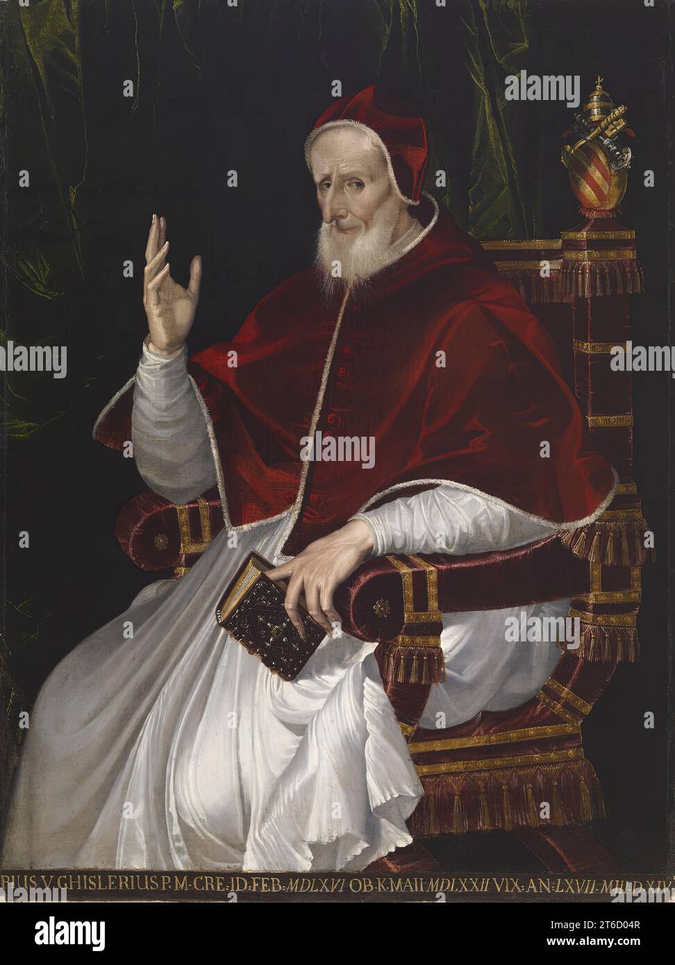 Portrait of Pope Pius V, c1566. The aging, enthroned pope turns toward the viewer while making the sign of blessing with his right hand. Pius V (1566-1572) belonged to the Ghislieri family, and on the top of the back of the throne is his family's coat of arms crowned by the papal tiara and the keys of St. Peter, a symbol of the papacy's descent from Christ's apostle. The identifying inscription below is a later addition. Stock Photo