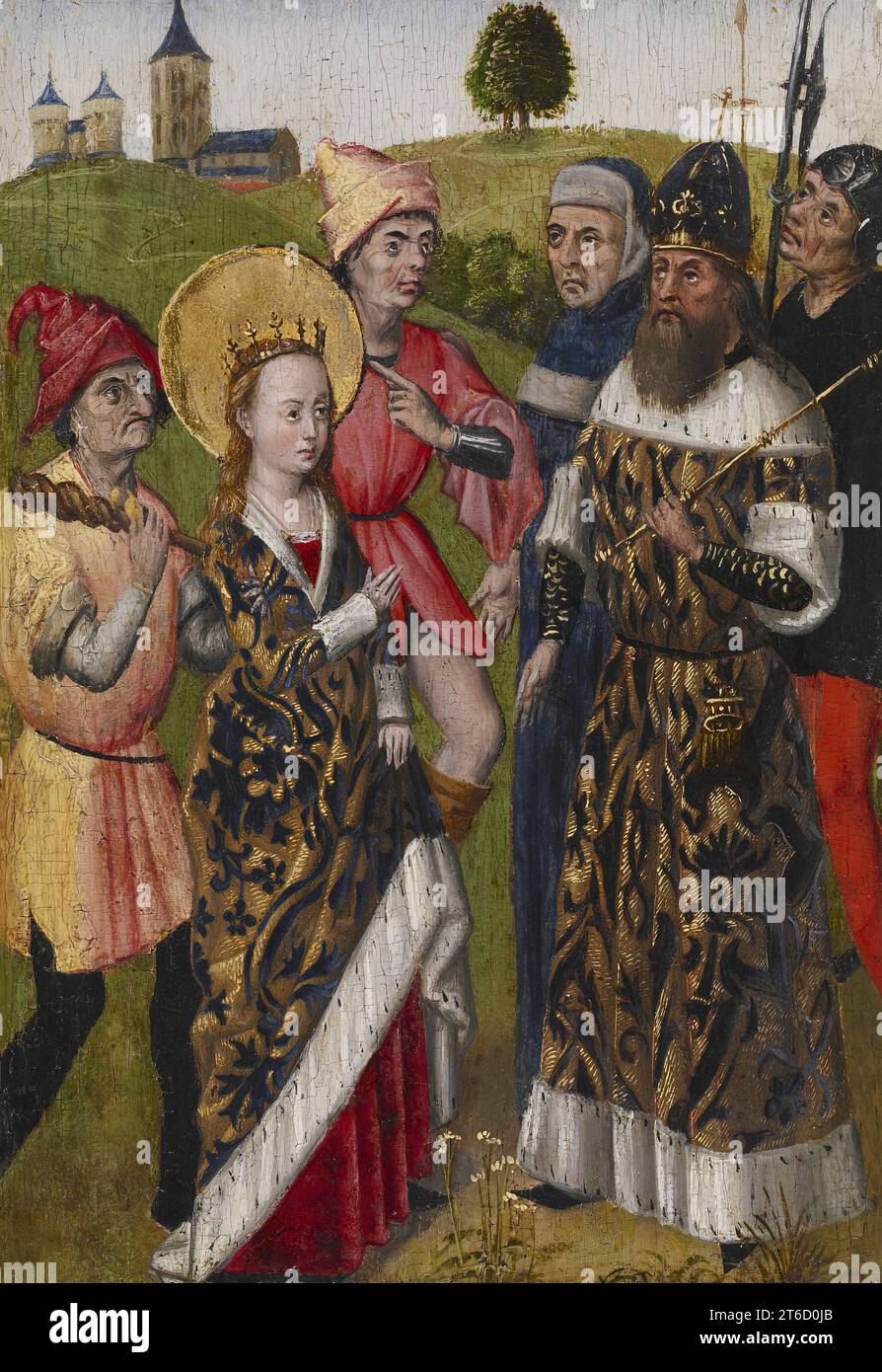 Saint Catherine Confronting the Emperor, c1480. Catherine of Alexandria was one of the most popular saints in medieval western Europe. Legend describes her as a wise and beautiful virgin of noble birth who was executed for being a Christian. This image and its two associated panels show Catherine confronting the Roman emperor, converting the learned pagans who were supposed to disprove her Christian beliefs, and, with the help of the Holy Spirit, confounding a second group of scholars sent to visit her in prison. The panels were once part of an altarpiece recounting the entire story of Catheri Stock Photo