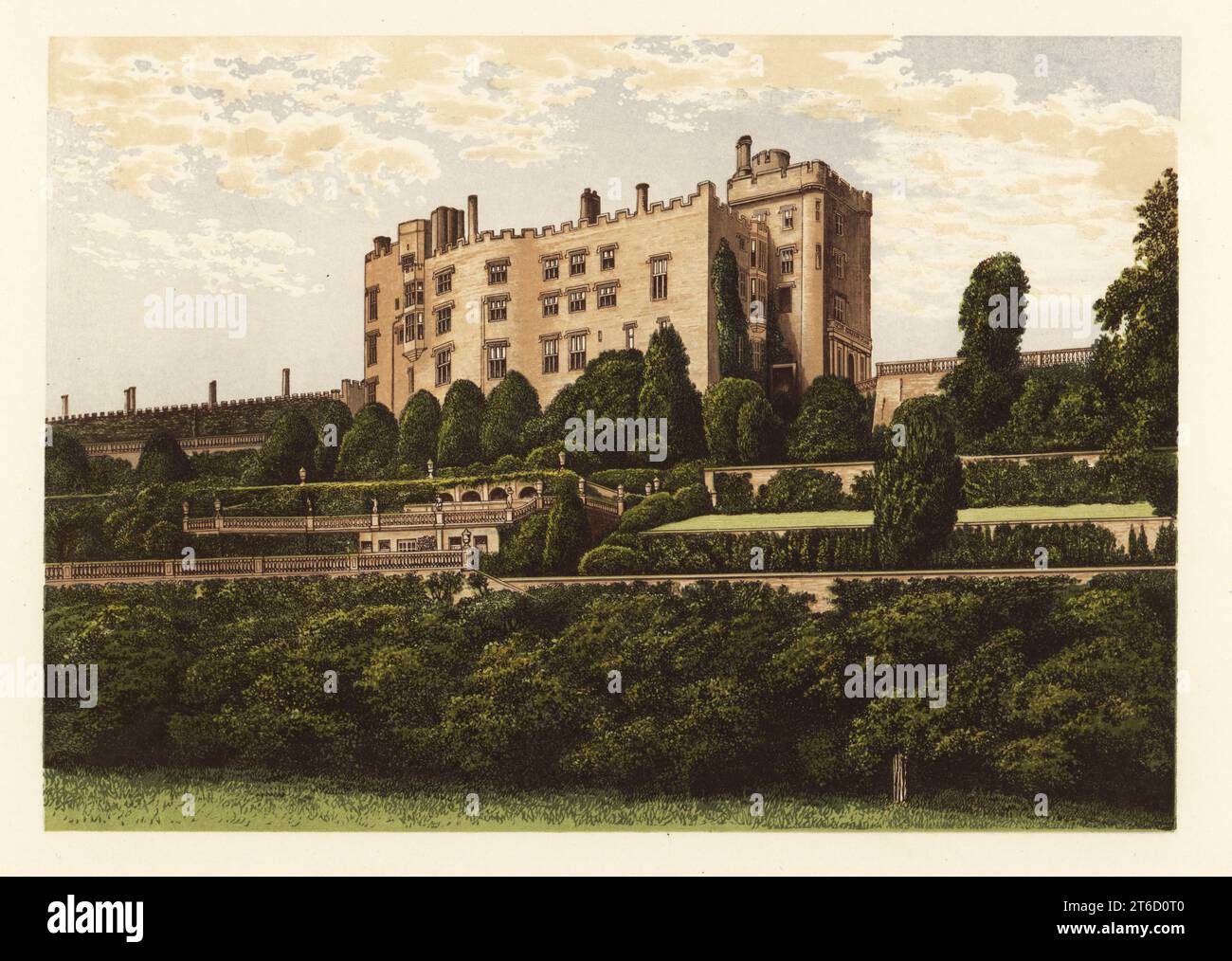 Powis Castle, Montgomeryshire, Wales. Medieval castle, fortress and mansion in red stone built in the 13th century repaired in the 19th century by Sir Robert Smirke for Edward Clive, 1st Earl of Powis, son of Robert Clive, who made his fortune at the Battle of Plassey. Colour woodblock by Benjamin Fawcett in the Baxter process of an illustration by Alexander Francis Lydon from Reverend Francis Orpen Morriss Picturesque Views of the Seats of Noblemen and Gentlemen of Great Britain and Ireland, William Mackenzie, London, 1880. Stock Photo
