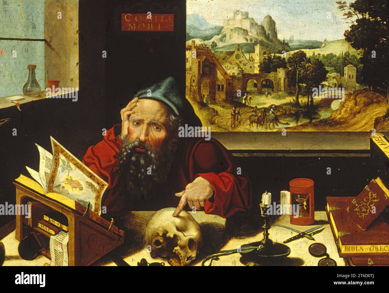 Saint Jerome in His Study, c1530. St. Jerome (ca. 341-420 CE), the greatest Christian scholar of the classics, is revered for his translation of the Bible from the original Greek and Hebrew into Latin. He completed it in a monastery in Palestine, which the artist has suggested in the view through the window by adding camels to an otherwise Flemish landscape. The admonition that Jerome has fixed to the wall, &quot;Cogita Mori&quot; (Think upon death), is made explicit by the skull. His Bible is open to an image of the Last Judgment, while the hourglass and candle, objects commonly found on a de Stock Photo