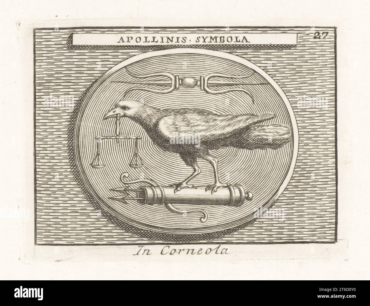 Symbols of the Greek god Apollo: raven standing on a quiver, bow and arrows, holding a weighing scale in its beak. A thunderbolt over its head. Apulu, chthonic sky god, to the Etruscans. From an engraved cornelian gem. Apollinis Symbola in Corneola. Copperplate engraving from Francesco Valesio, Antonio Gori and Ridolfino Venutis Academia Etrusca, Museum Cortonense in quo Vetera Monumenta, (Etruscan Academy or Museum of Cortona), Faustus Amideus, Rome, 1750.. Copperplate engraving from Francesco Valesio, Antonio Gori and Ridolfino Venutis Academia Etrusca, Museum Cortonense in quo Vetera Monume Stock Photo
