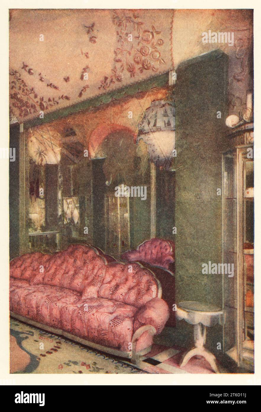 Art Deco interior of the Richard Hudnut shop, rue de la Paix, Paris, 1928. A large pink sofa under a mirror, glass chandelier, and pink ceiling. Smithsonian-process colour print from Richard le Galliennes Romance of Perfume, Hudnut, New York, 1928. Stock Photo