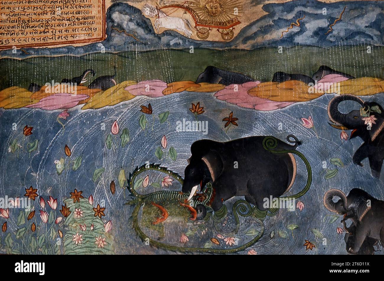 The Elephant King Attacked by a Crocodile, c1650. A herd of elephants is playing in a river when their leader is attacked by a crocodile. The elephant calls for the god Vishnu to save him, and because the elephant's faith in Vishnu is sincere, the deity comes to his rescue. The story demonstrates the strength of genuine faith and Vishnu's willingness to help the faithful. The image of the sun being pulled by a horse-drawn chariot at the top of the painting is one convention for depicting Surya, the solar deity in Hinduism. Stock Photo