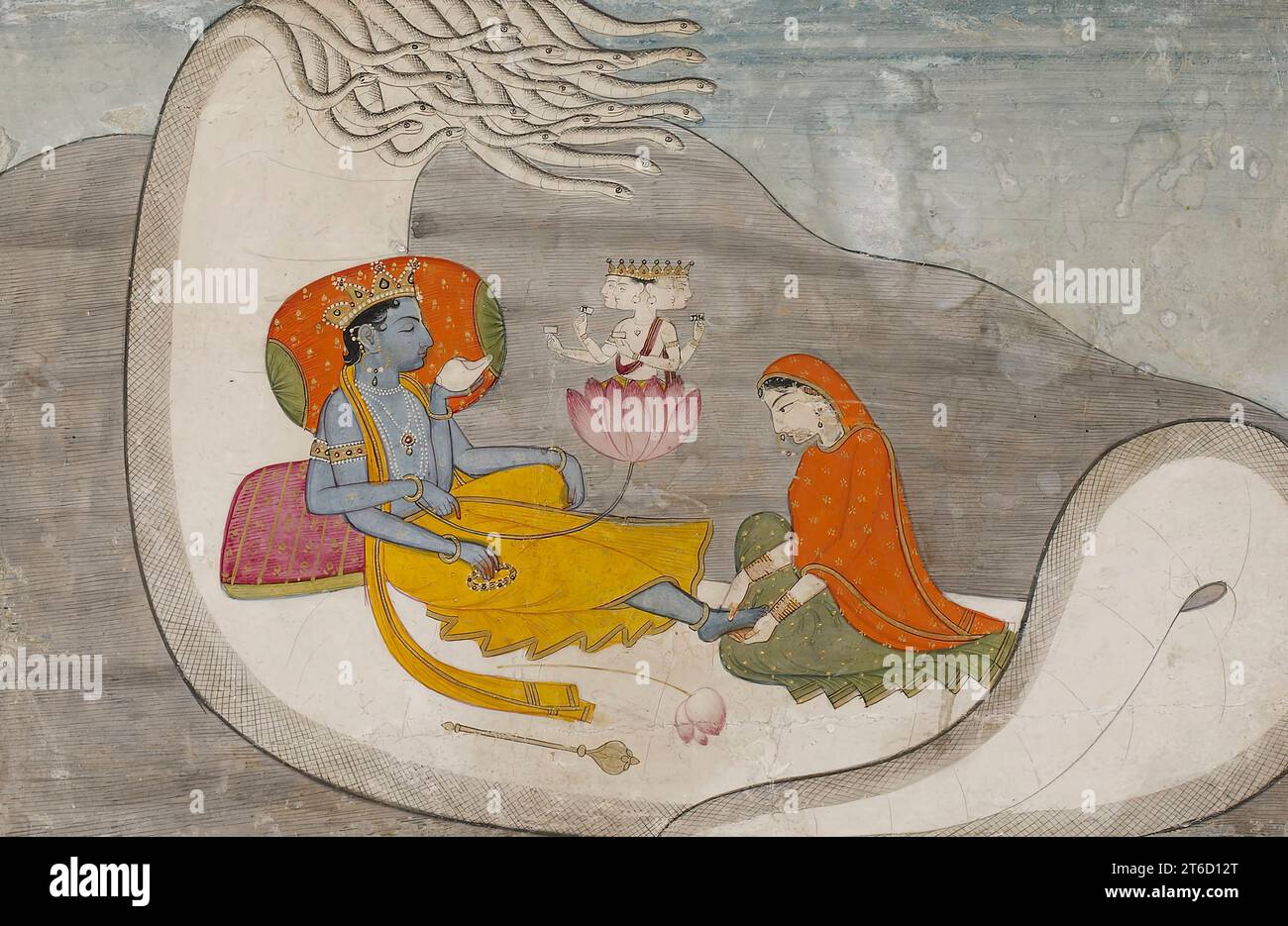 Vishnu Reclining on the Serpent Shesha, 1775-1800. The great serpent Shesha floats upon the primordial ocean, between the end of one cosmic era and the beginning of another. As Vishnu awakens from his sleep, the goddess Lakshmi massages his feet. The god Brahma is born from a lotus that grows out of Vishnu's navel. He will perform the work of creation, making the universe anew in the endless cycle of time. Stock Photo