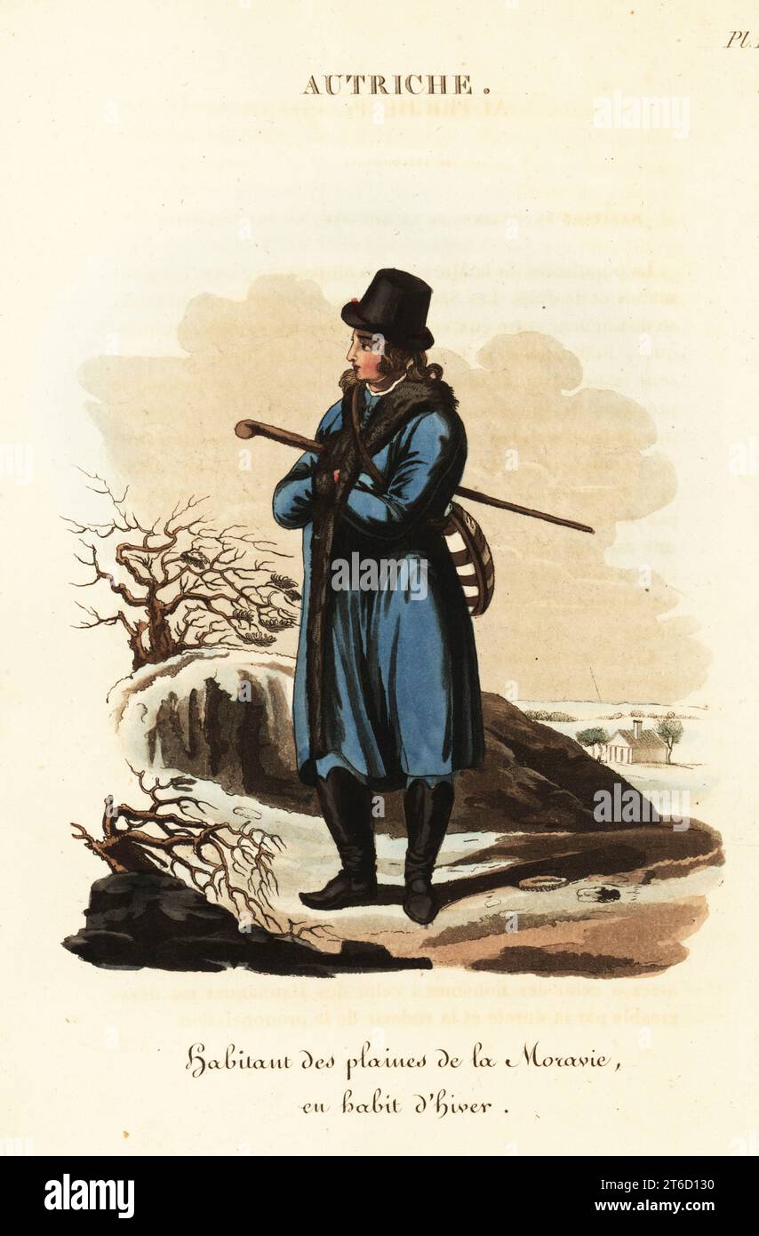 Moravian man in winter garb, Czech Republic, 18th century. He wears an English style hat, fur-lined blue cloak, Hungarian half boots. Man of the lowlands of Moravia in winter dress, Habitant des plaines de la Moravie en habit d'hiver. Handcoloured copperplate engraving after an illustration by William Alexander from J-B. Eyries L'Autriche: Costumes, Moeurs et Usages des Autrichiens, Austria: Costumes, Manners and Mores of the Austrians, Librairie de Gide Fils, Paris, 1823. Jean-Baptiste Eyries (1767-1846) was a French geographer, author and translator. Stock Photo