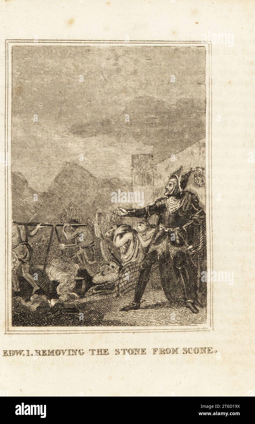 King Edward I of England removing the Stone of Destiny from Scone Abbey, Scotland, and transferring it to Westminster Abbey, 1296. Copperplate engraving from M. A. Jones History of England from Julius Caesar to George IV, G. Virtue, 26 Ivy Lane, London, 1836. Stock Photo
