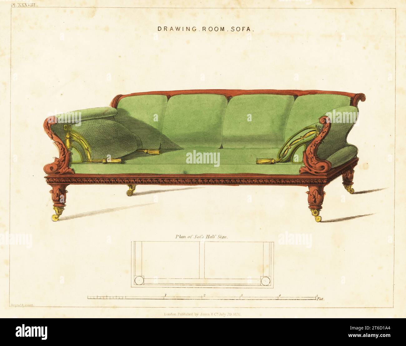 Drawing room sofa, Regency style. Fourseater couch in carved wood
