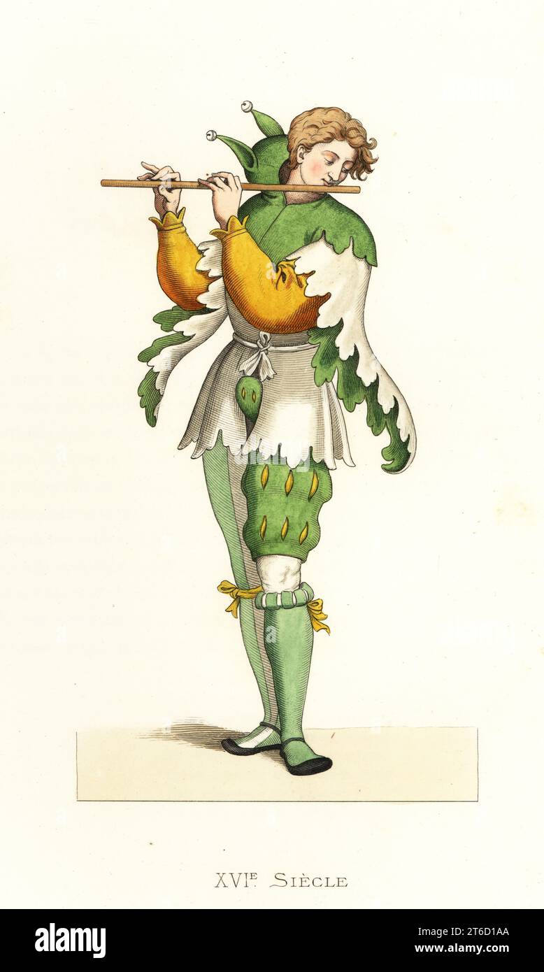 Costume of a fool with fife, France, 16th century. In hood with bells, doublet with scalloped sleeves, codpiece, parti-coloured slashed breechess and hose. France, Costume de Fou. After a handcoloured woodcut in the Musee de Blois. Handcolored lithograph after an illustration by Edmond Lechevallier-Chevignard from Georges Duplessis's Costumes historiques des XVIe, XVIIe et XVIIIe siecles (Historical costumes of the 16th, 17th and 18th centuries), Paris, 1867. Edmond Lechevallier-Chevignard was an artist, book illustrator, and interior designer. Stock Photo