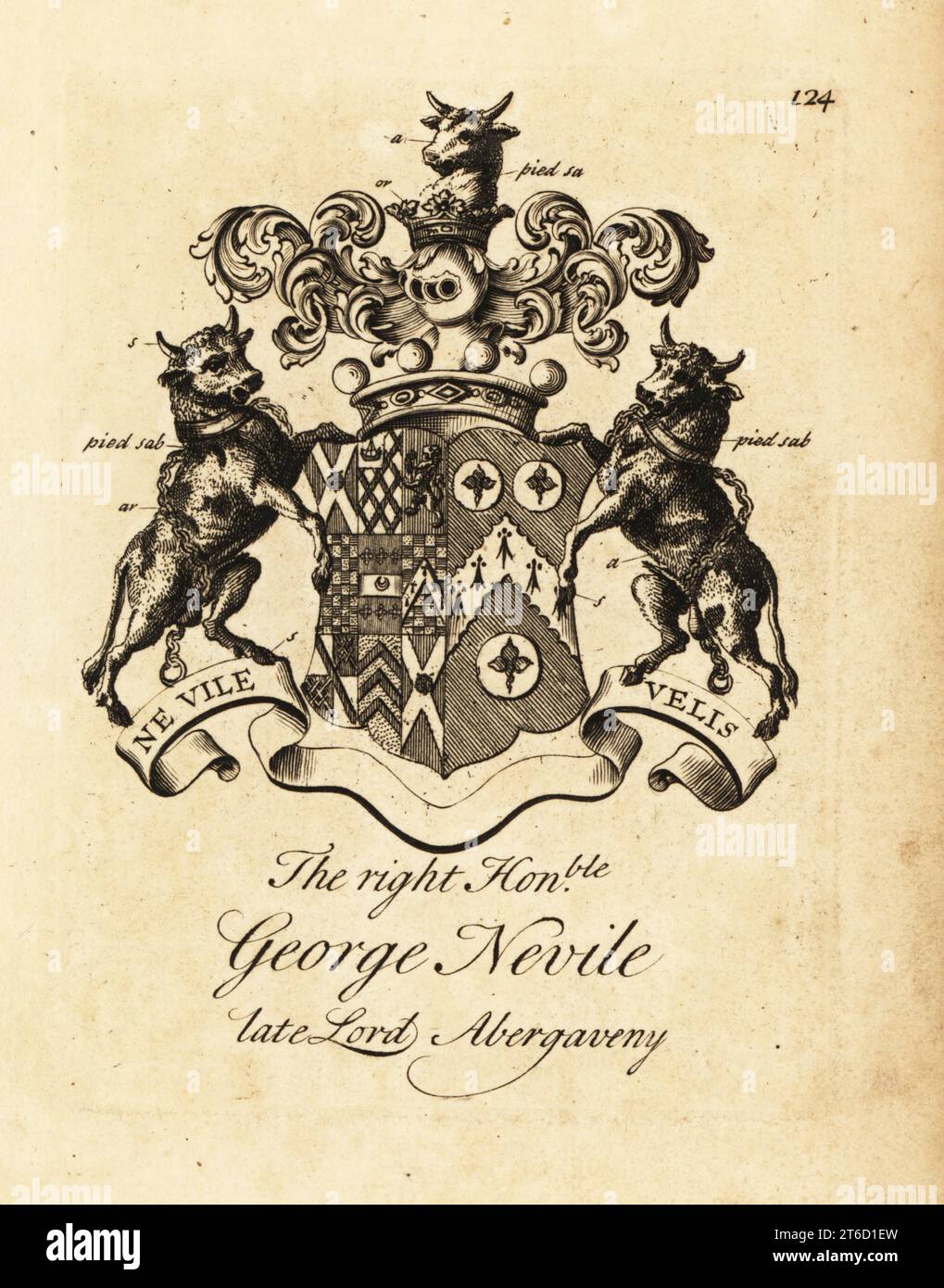 Coat of arms of the Right Honourable George Nevile, 1st Lord Abergaveny, 1727-1785. Copperplate engraving by Andrew Johnston after C. Gardiner from Notitia Anglicana, Shewing the Achievements of all the English Nobility, Andrew Johnson, the Strand, London, 1724. Stock Photo