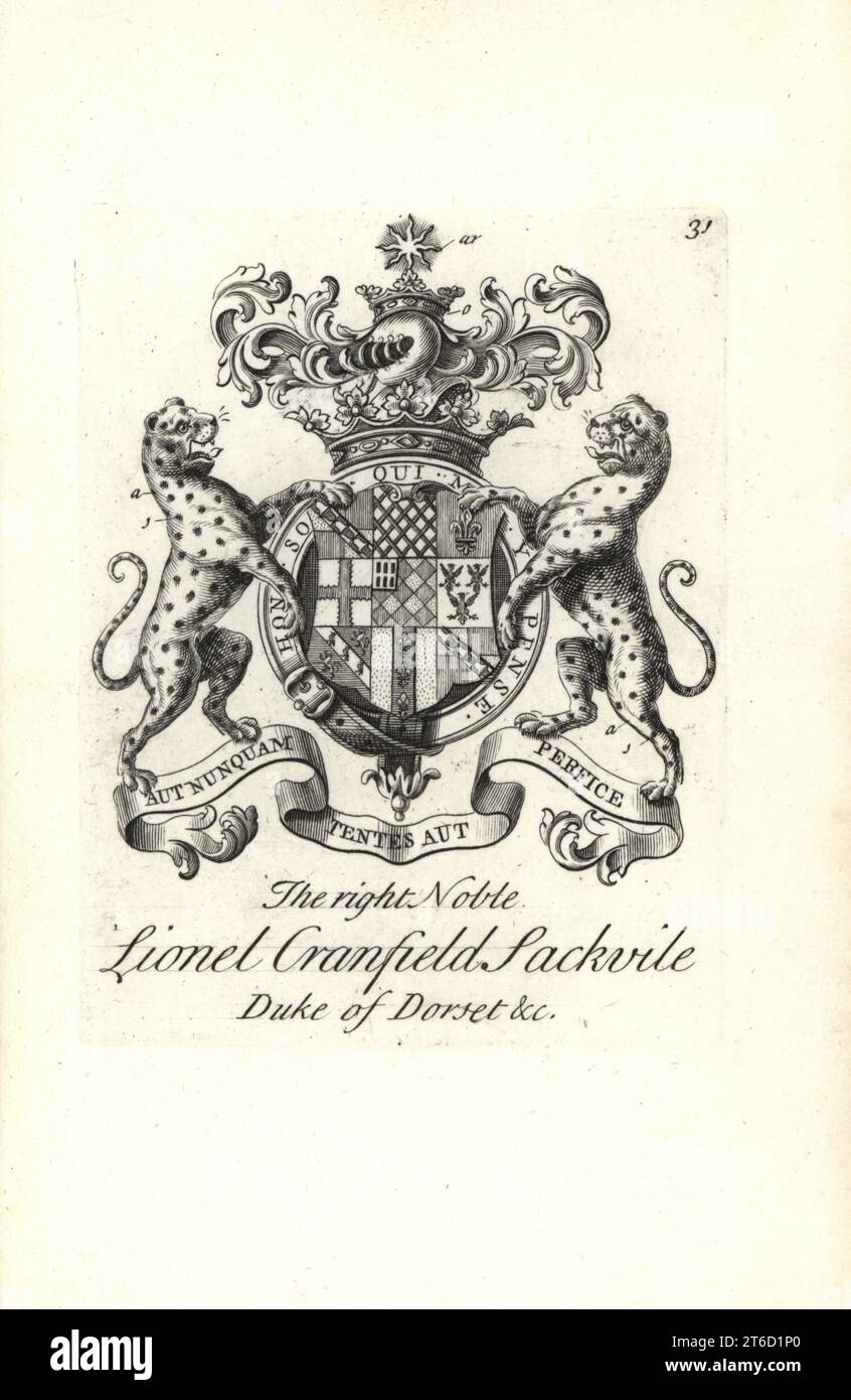 Coat of arms and crest of the right noble Lionel Cranfield Sackville, Duke of Dorset, 1688-1765. Copperplate engraving by Andrew Johnston after C. Gardiner from Notitia Anglicana, Shewing the Achievements of all the English Nobility, Andrew Johnson, the Strand, London, 1724. Stock Photo