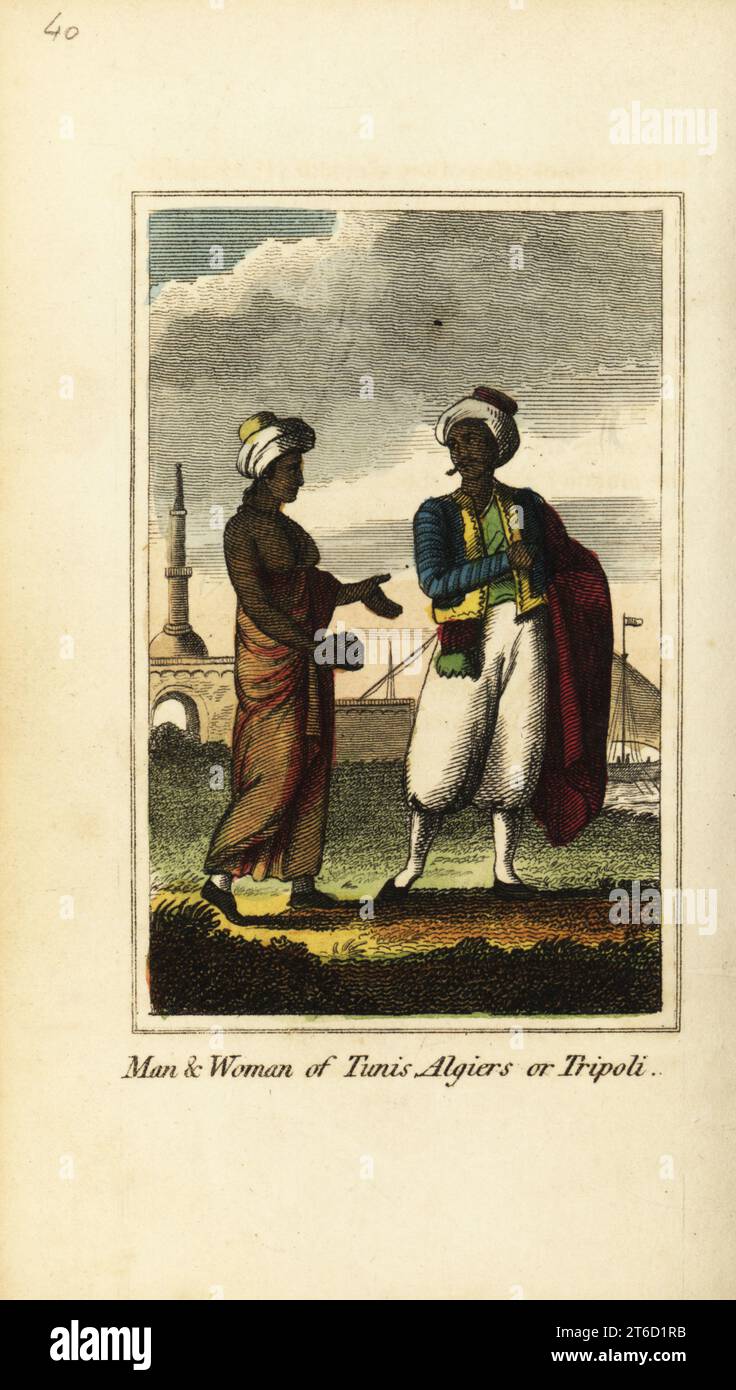 Man and woman of Tunis, Algiers or Tripoli, 1818. Handcoloured copperplate engraving from Mary Anne Vennings A Geographical Present being Descriptions of the Principal Countries of the World, Darton, Harvey and Darton, London, 1818. Venning wrote educational books on geography, conchology and mineralogy in the early 19th century. Stock Photo