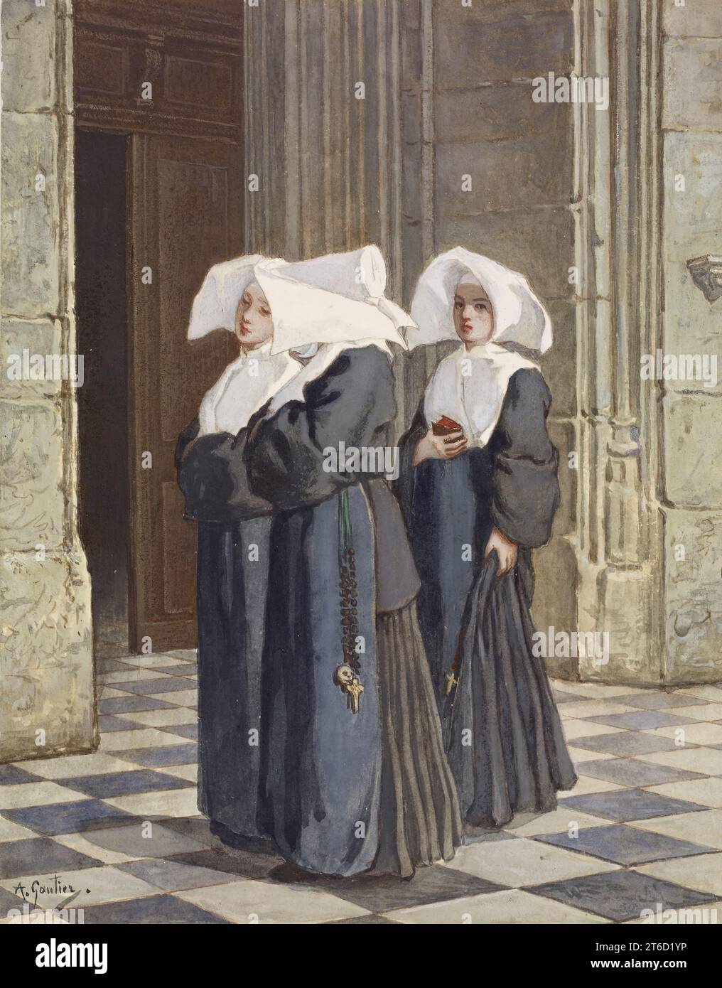 Three Nuns in the Portal of a Church, c1860. This painting depicts three Daughters of Charity of St. Vincent de Paul in their traditional attire (worn until the 1960s). The sisters established their first mission in Baltimore in 1822. This watercolour by a French artist is not dated, but as William T. Walters puchased many works on paper while in Paris during the Civil War, it likely dates from before 1865. Stock Photo