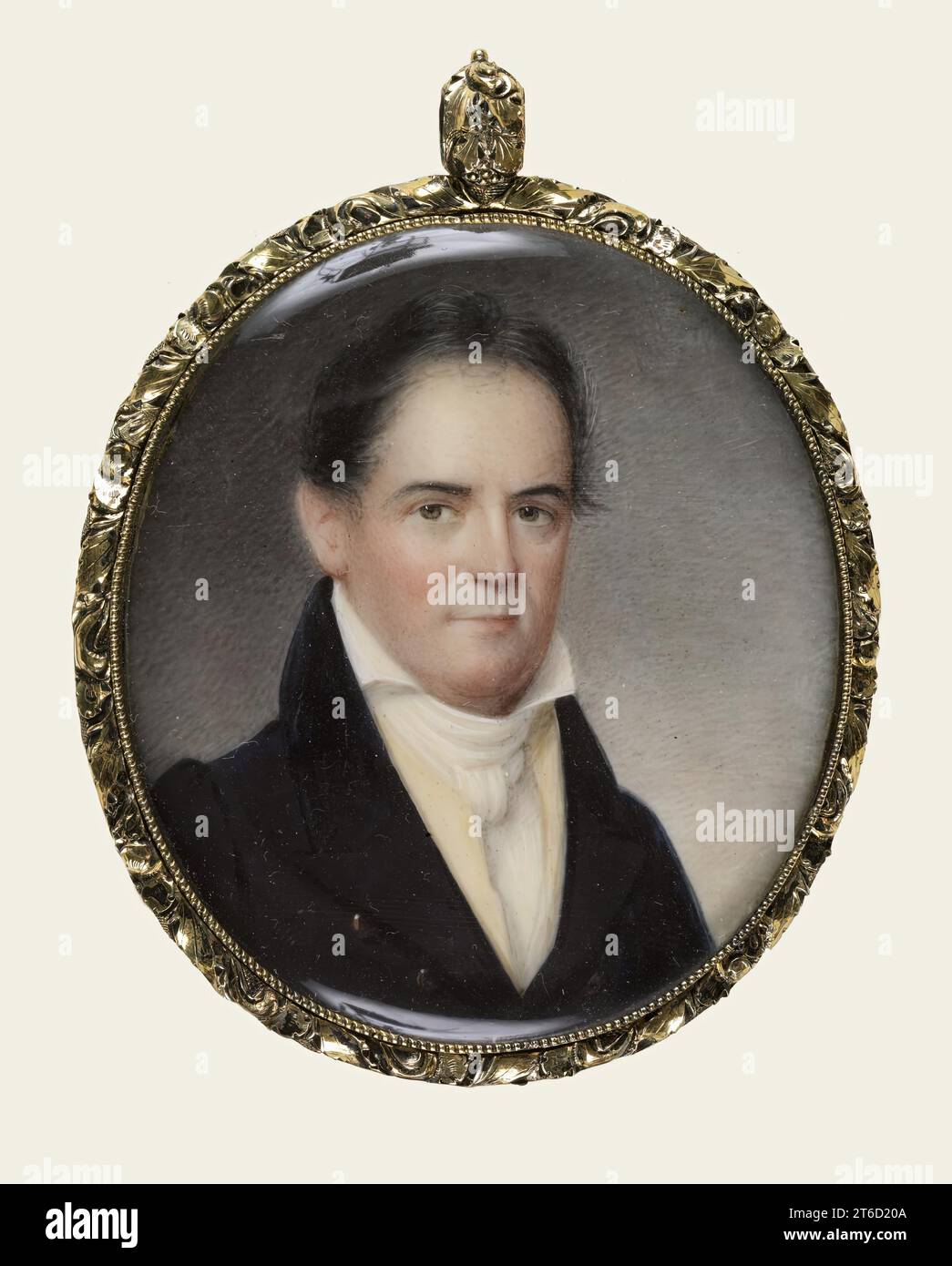 A Gentleman, c1825. Bust-length portrait of man with black hair, wearing a black coat with a high white collar. Attributed to Anna Claypoole Peale. Stock Photo