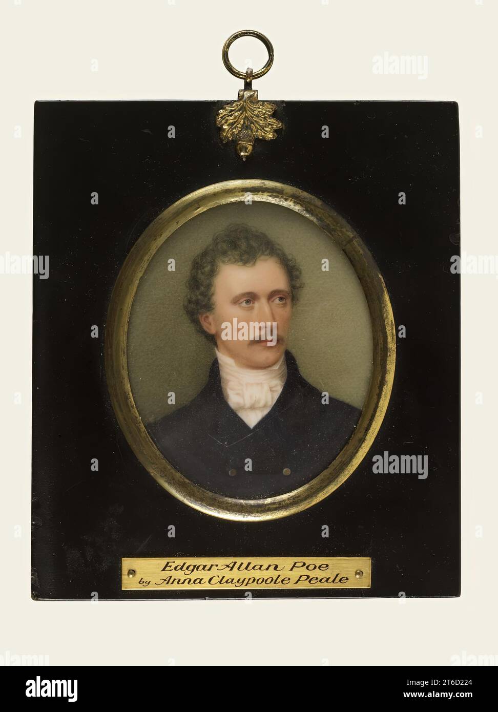 Mr. John T.(?) Pilling, 1834. Bust-length portrait of Mr. John T.(? or W.?) Pilling, with dark curly hair and moustache, wearing a dark blue coat with black velvet collar, gold buttons on coat, white shirt and high white collar and white stock tied in a bow. The frame claims that the portrait is of Edgar Allan Poe, but this was proved to be spurious when an inscription was found on the back of the portrait reading &quot;Mr. John T. [or perhaps W.?] Pilling, Frankford, May 24th 1834.&quot; The attribution to Anna Claypoole Peale is also questionable. Stock Photo