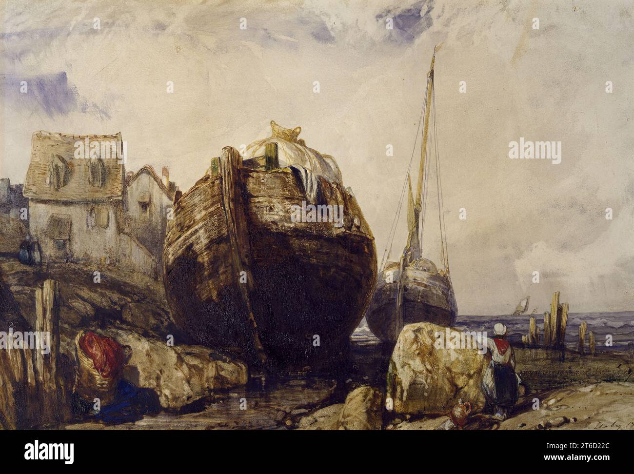 Fishing Boats, 1836. Eug&#xe8;ne Isabey began his career assisting his father, the miniaturist J. B. Isabey, with illustrations for a travel book on Italy. In 1825, Isabey made a trip to England, where he was profoundly influenced by the latest trends in watercolour painting. On his return, he specialized in coastal scenes of Normandy in the north of France. Here, Isabey depicts the luminous atmospheric effects at the meeting of sea, shore, and sky with the consummate skill that earned him a reputation as one of the leading Romantic watercolourists. Stock Photo