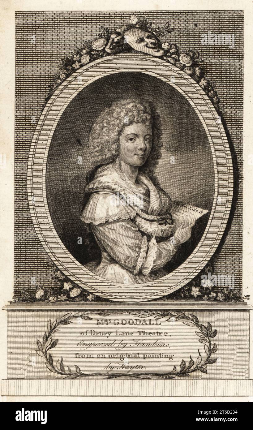 Mrs Charlotte Goodall, English actress and comedian 1766-1830. Pictured in wig, fichu and dress, holding a page with the title As You Like It. Known for her comedy roles at Drury Lane Theatre, married to merchant captain and Admiral of Hayti, Thomas Goodall.. Copperplate engraving by W. Hawkins after a portrait by Charles Hayter, published in London, 1789. Stock Photo