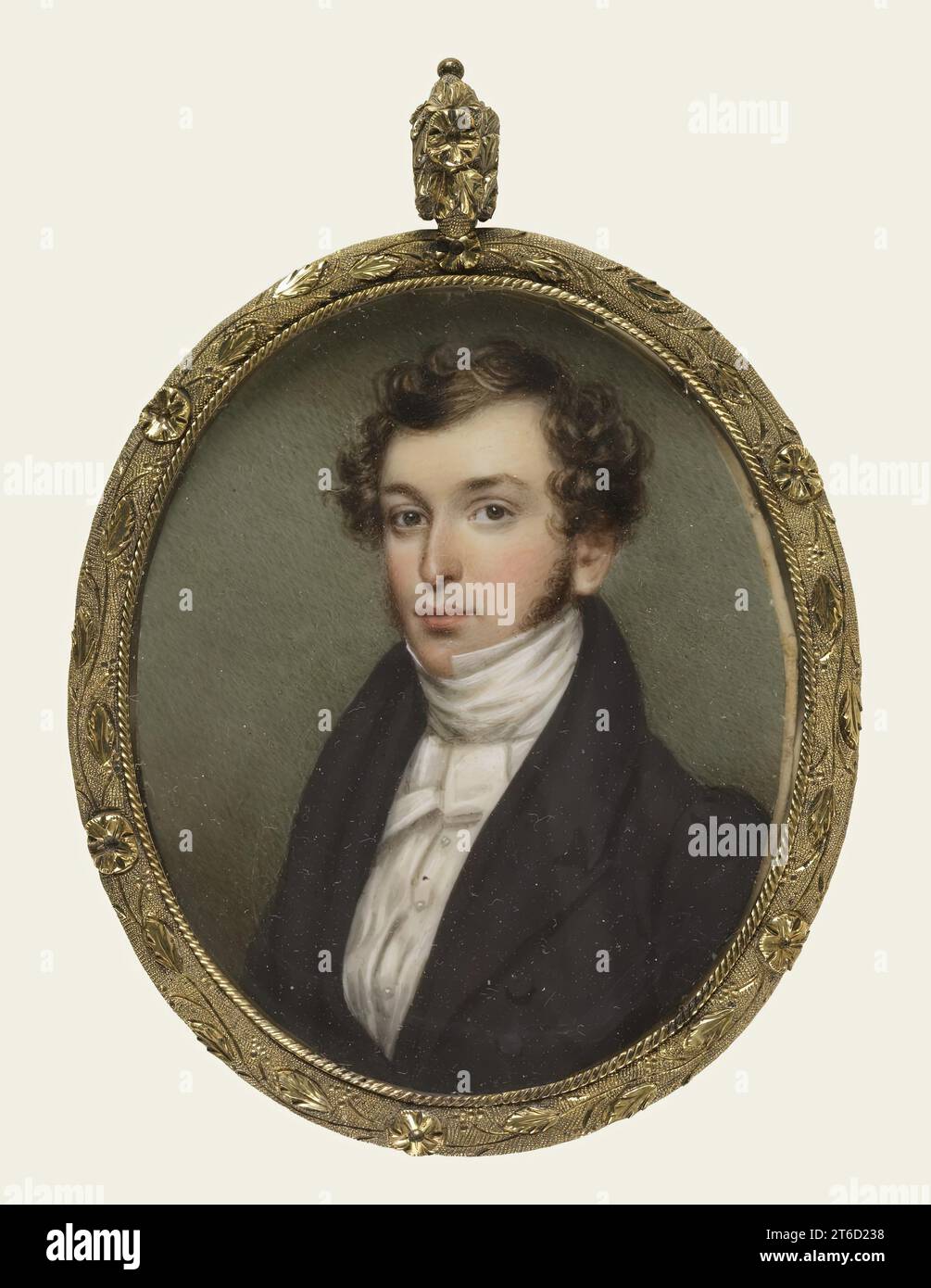 Robert Eden Handy, 1835. Waist-length, three-quarter profile portrait of a man with wavy brown hair parted on the left, and side whiskers, wearing a black coat, white shirt, high white collar and white stock. The miniature is mounted in a gold, oval frame, with a braid of hair under glass on the reverse. Attributed to Asher Brown Durand. Stock Photo
