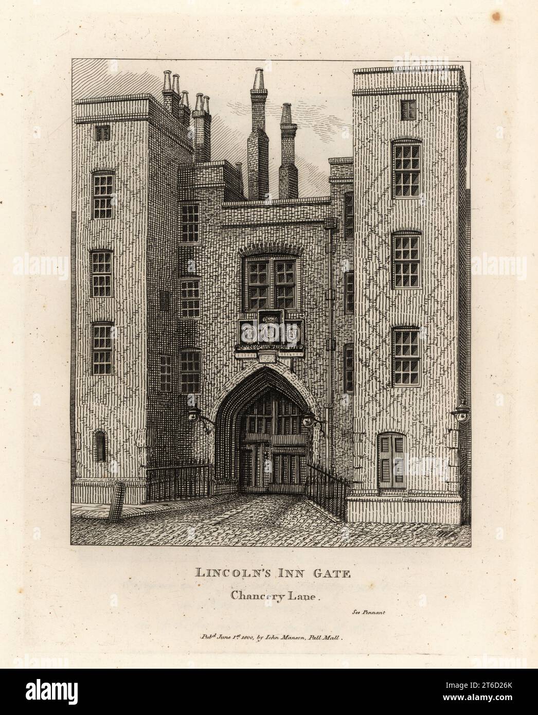 Lincolns Inn Gate, Chancery Lane, London. One of the four Inns of Court in London built in the 15th century. Copperplate engraving by John Thomas Smith after original drawings by members of the Society of Antiquaries from his J.T. Smiths Antiquities of London and its Environs, J. Sewell, R. Folder, J. Simco, London, 1800. Stock Photo