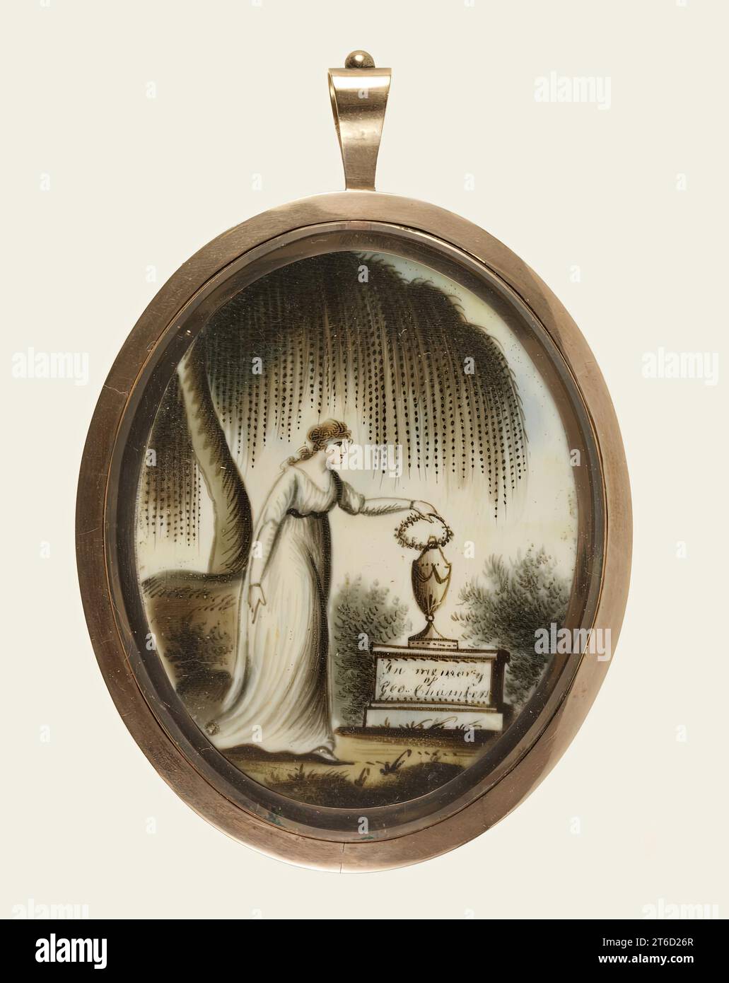 Memorial for George Chambers, 1810-1830. Mourning miniatures were very popular in the Romantic period and this design is typical for the late 18th and early 19th century. A classically dressed woman lays a wreath on an urn atop a tomb. The inscription on the tomb reads, &quot;In memory of Geo. Chambers.&quot; In the background is a willow tree, associated with both mourning and new life. Almost monochrome, there are touches of pink on the woman's face and hands. On the back of the miniature is a panel of woven hair, and the monogram in pressed gold &quot;EC,&quot; suggesting that this miniatur Stock Photo