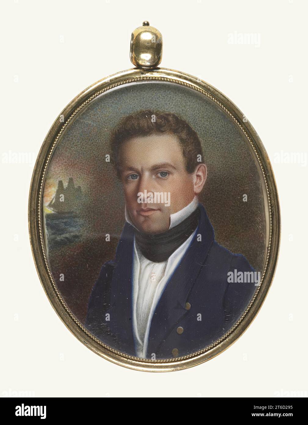Captain John Robinson of Newburyport, Massachusetts, c1900. Bust-length portrait of Captian Robinson with brown hair, wearing a navy blue coat, white muslin shirt, high white stock and black neckcloth. His cravat is fastened with an anchor shaped pin. He is depicted before a stippled background with a vignette of a ship at the left. The face is also formed from a network of stippled dots, slightly more fine than those that make up the cloudy background. The back has an elaborate decoration of woven hair with cut-gold initials. Stock Photo