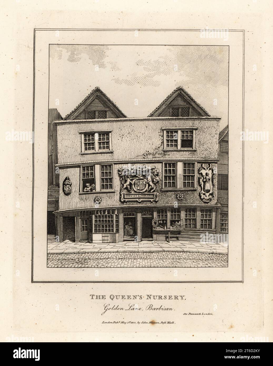 The Queens Nursery, Golden Lane, Barbican. Tudor building that housed the children of King Henry VIII and was the nursery of Queen Elizabeth I. Royal coat of arms over entrance. Copperplate engraving by John Thomas Smith after original drawings by members of the Society of Antiquaries from his J.T. Smiths Antiquities of London and its Environs, J. Sewell, R. Folder, J. Simco, London, 1800. Stock Photo