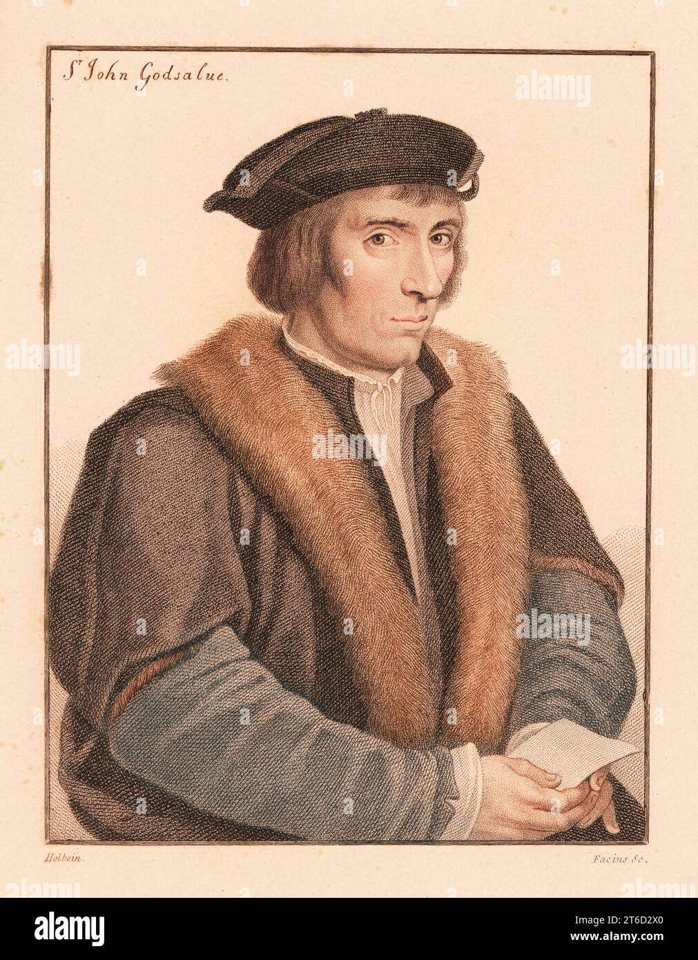 Sir John Godsalve, English politician, courtier to King Henry VIII, Comptroller of the Mint to King Edward VI, died 1557. Sir John Godsalue. Handcoloured copperplate stipple engraving by George Sigmund Facius after a portrait by Hans Holbein the Younger printed on pink paper from Imitations of Original Drawings by Hans Holbein, John Chamberlaine, London, 1812. Stock Photo