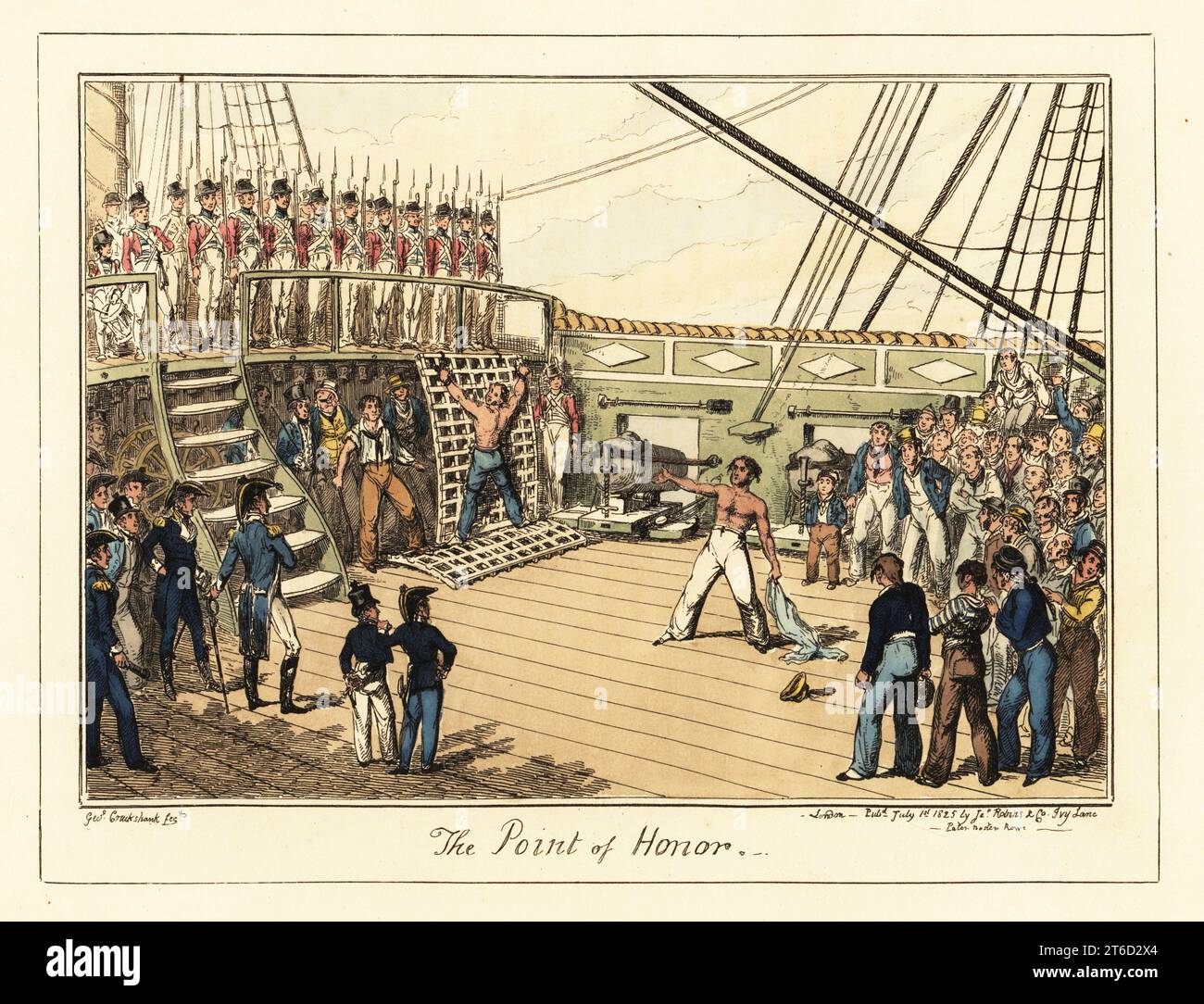A Royal Navy sailor tied to a grating on deck for punishment with the cat-o-nine-tails. The bosun's mate with his whip, officers in uniform, marines on the quarterdeck, all crew on deck. Another sailor with his shirt off confessing to disobeying orders. The Point of Honour. Handcoloured lithograph by George Cruikshank from Greenwich Hospital, a Series of Naval Sketches, by An Old Sailor (Matthew H. Barker), published by James Robins, London, 1826. Stock Photo