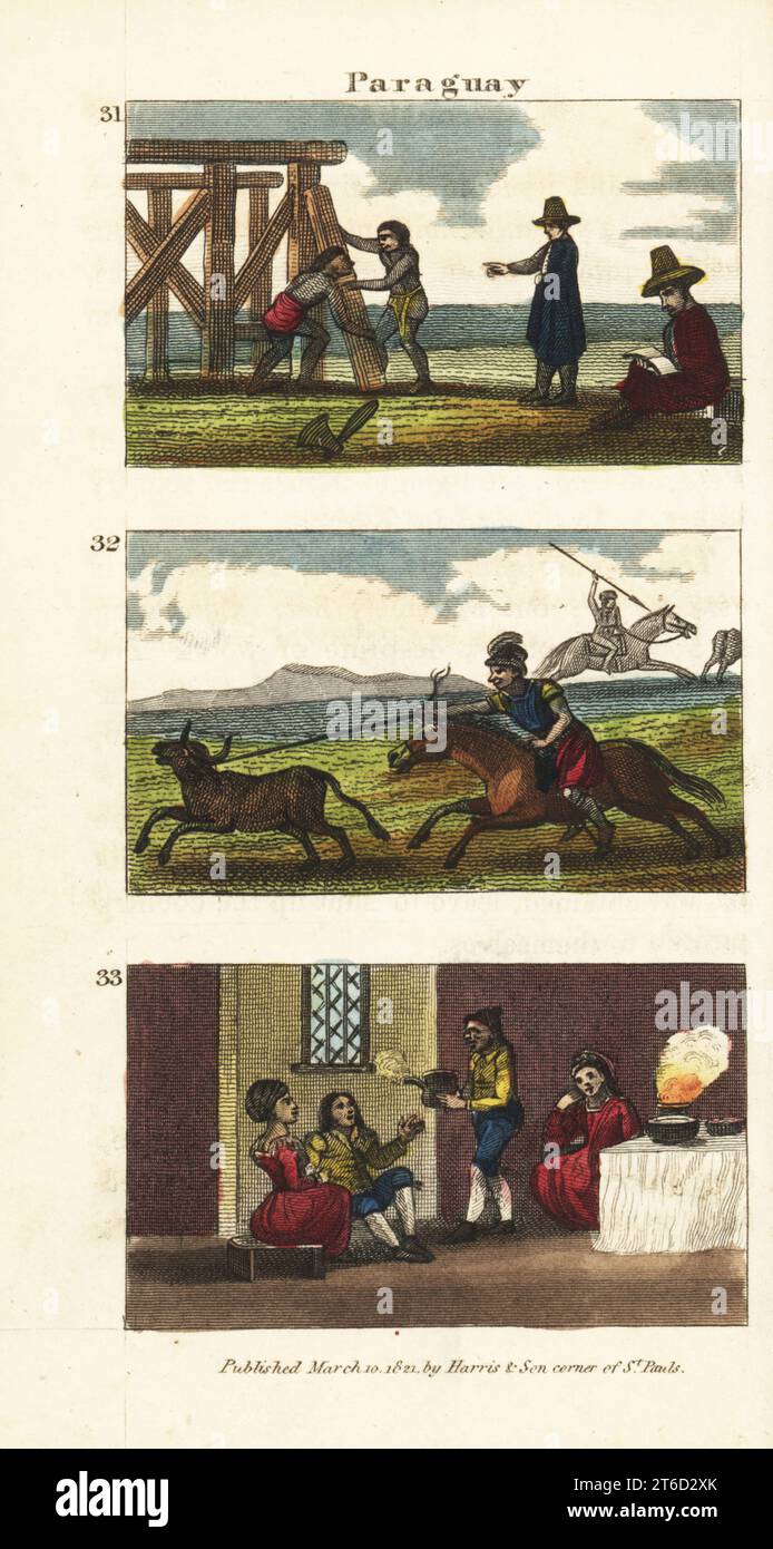 Jesuits instructing natives to build houses in Paraguay 31, gaucho cowboys hunting wild cattle on horseback 32, and Spaniards drinking mate through a silver tube in Buenos Ayres 33. Handcoloured copperplate engraving from Rev. Isaac Taylors Scenes in America, for the Amusement and Instruction of Little Tarry-at-Home Travelers, John Harris, London, 1821. Stock Photo
